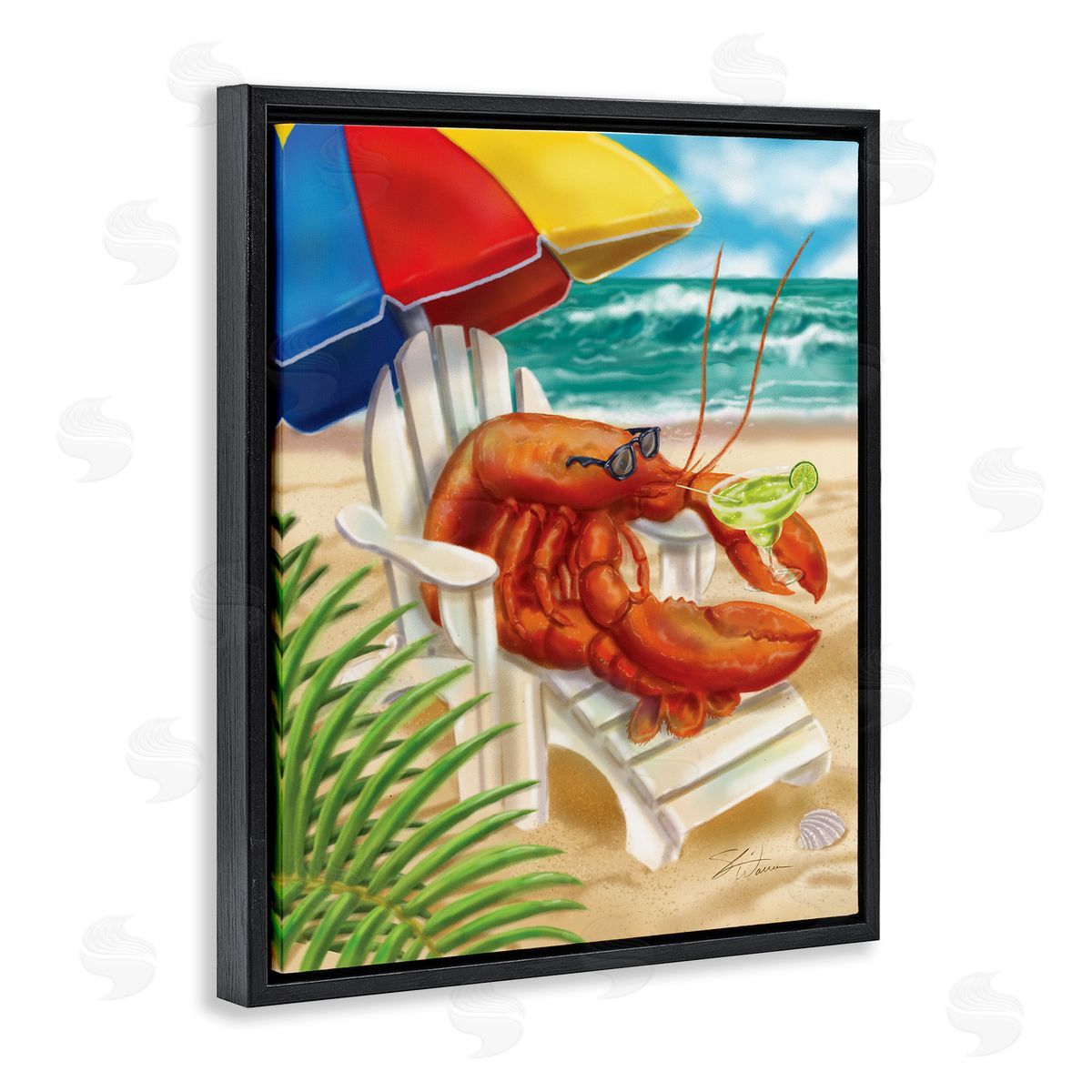 Shari Warren Lobster in Beach Chair Drinking Margarita Black Floater Frame Canvas Art