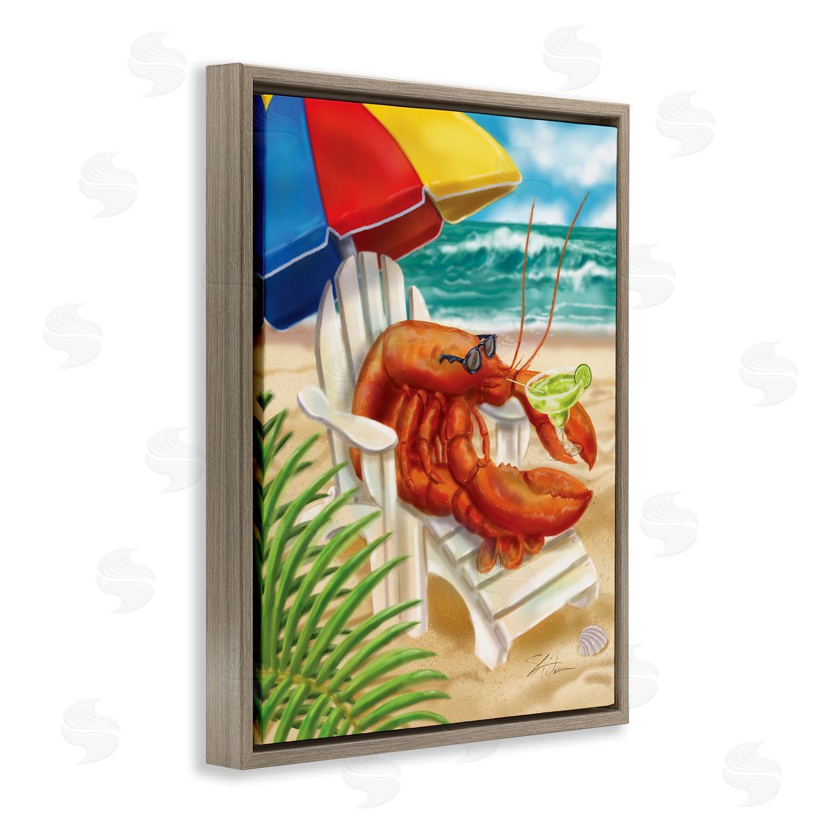 Shari Warren Lobster in Beach Chair Drinking Margarita Brown Floater Frame Canvas Art