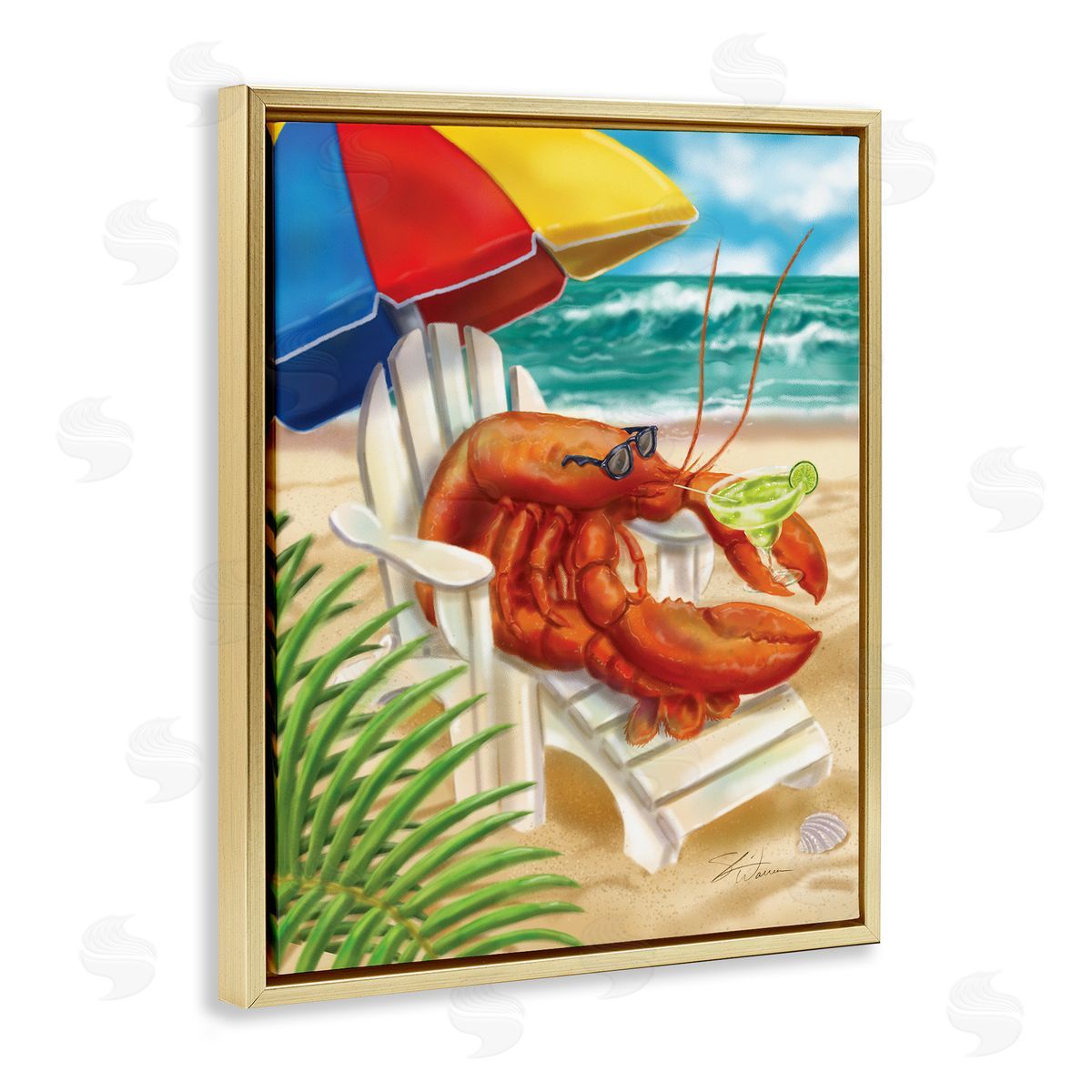 Shari Warren Lobster in Beach Chair Drinking Margarita Gold Floater Frame Canvas Art