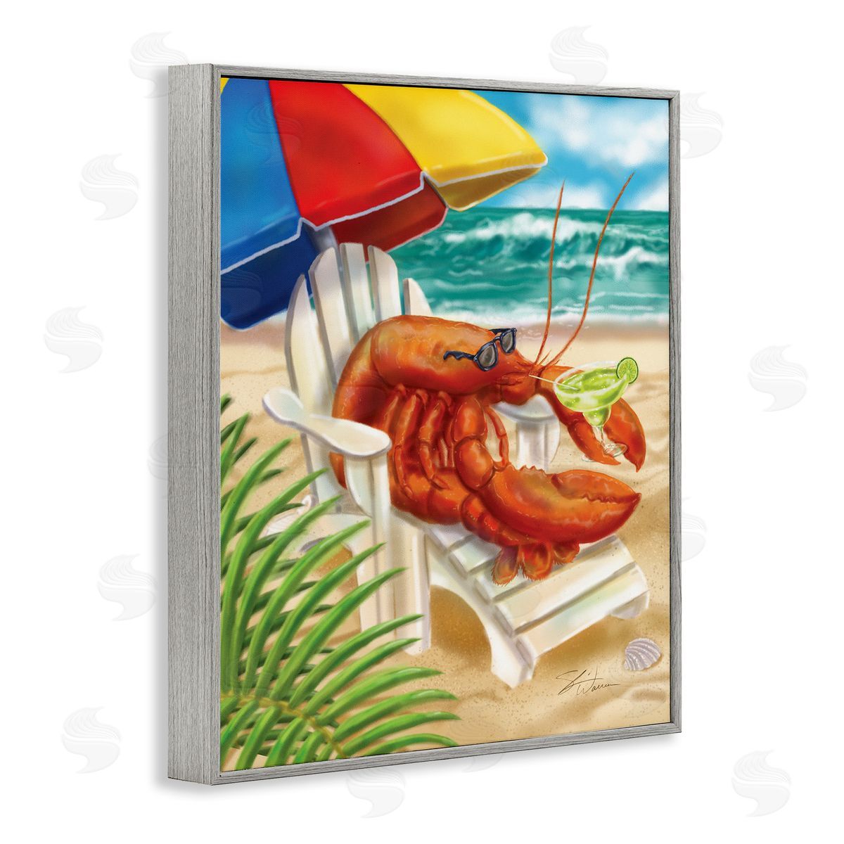 Shari Warren Lobster in Beach Chair Drinking Margarita Gray Framed Giclee Wall Art