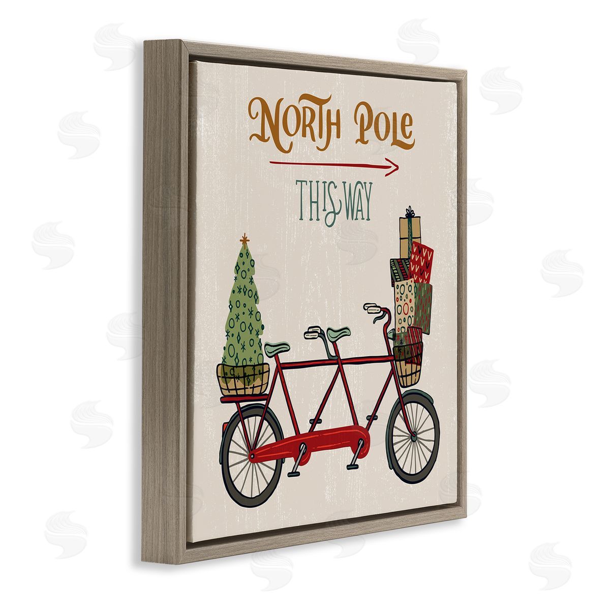 Zirkus Design North Pole Directional Red Christmas Tandem Bicycle Brown Floater Frame Canvas Art