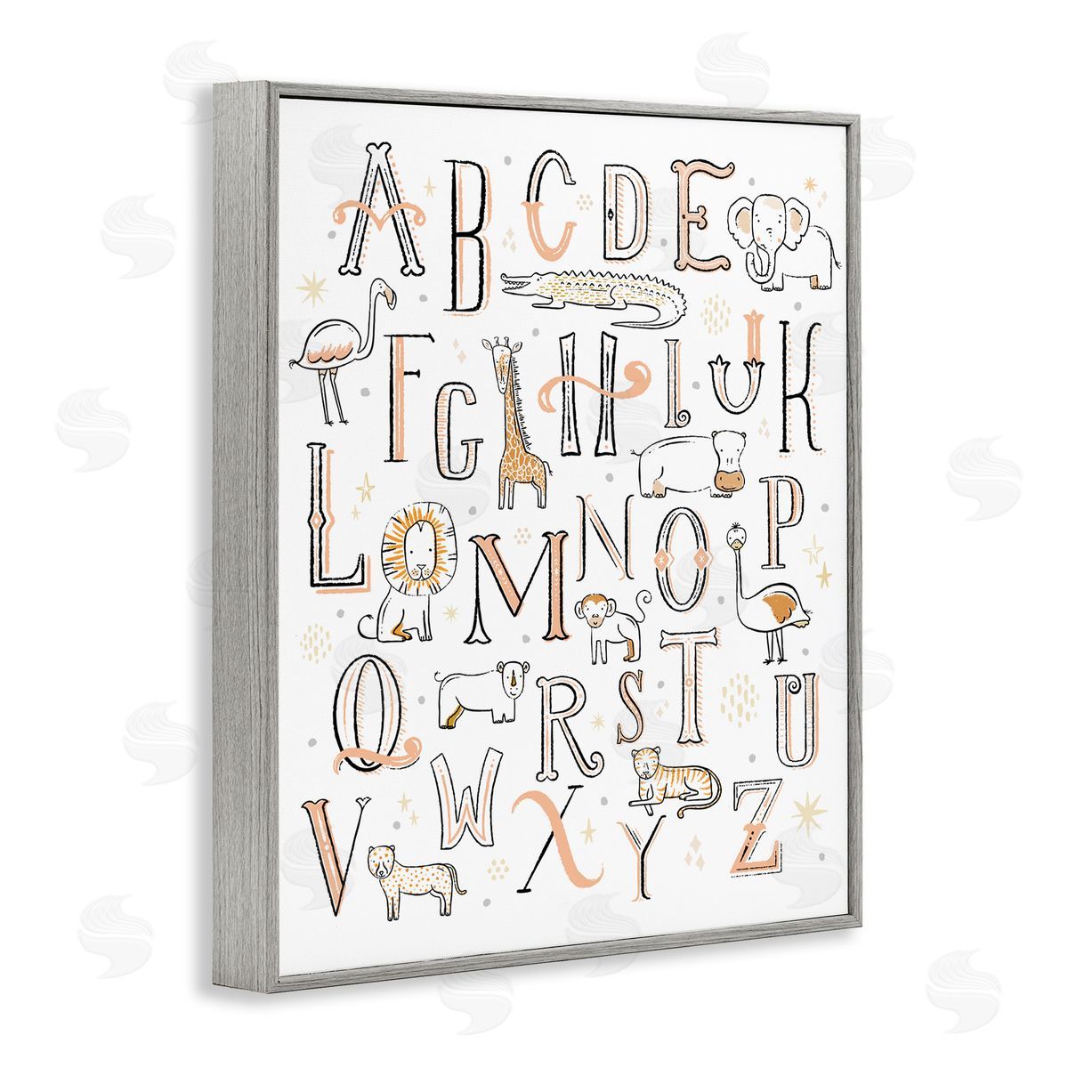Nursery Animal Alphabet Chart Grey Frame Print Wall Art, Home Decor by Zirkus Design
