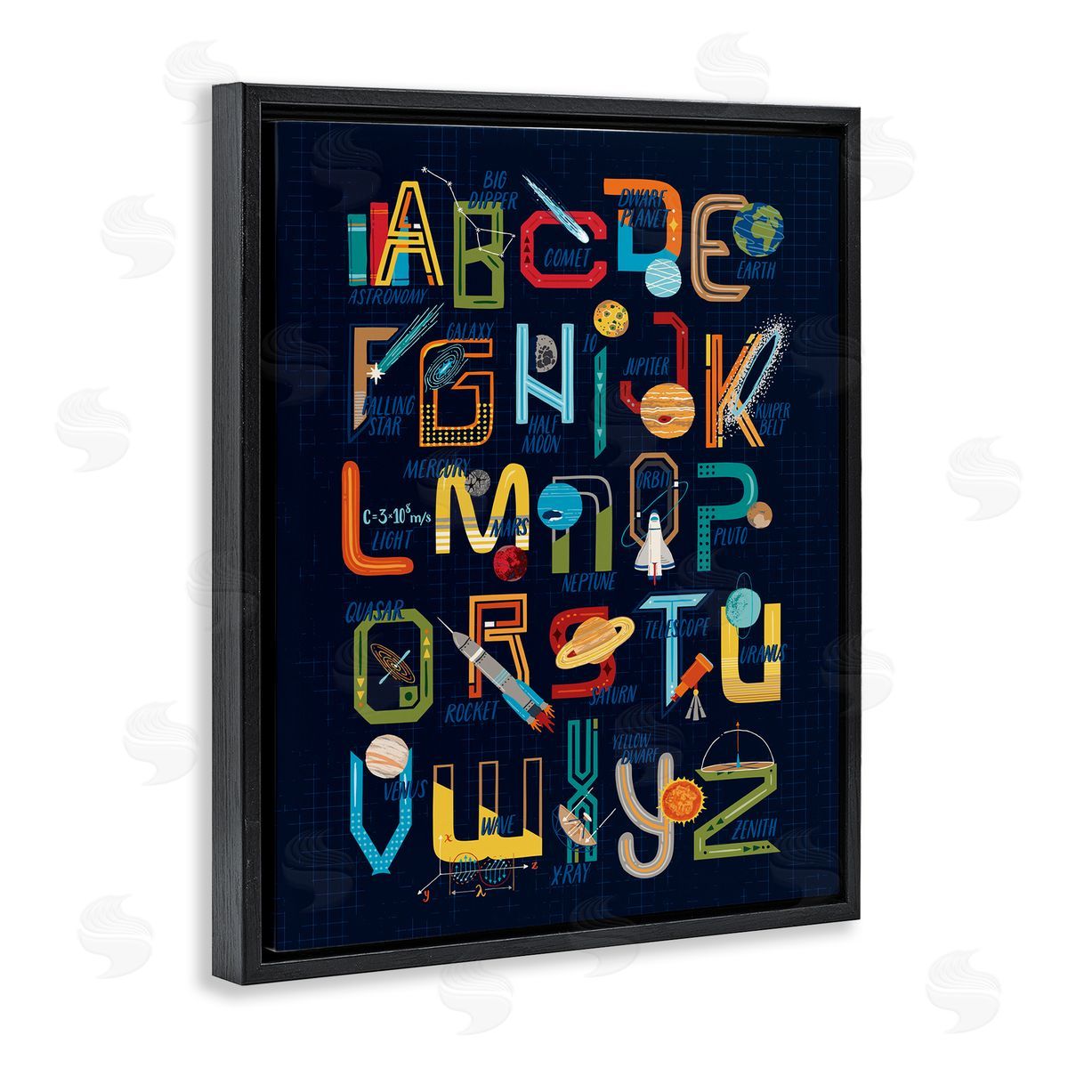 Zirkus Design Retro Outer Space Alphabet Blueprint Letter Chart Black Floater Frame Canvas Art