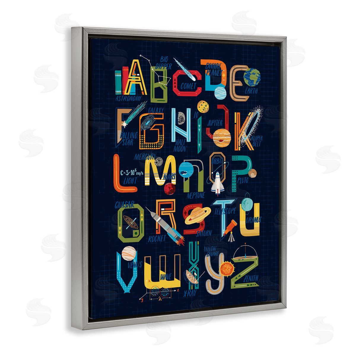 Zirkus Design Retro Outer Space Alphabet Blueprint Letter Chart Gray Floater Frame Canvas Art