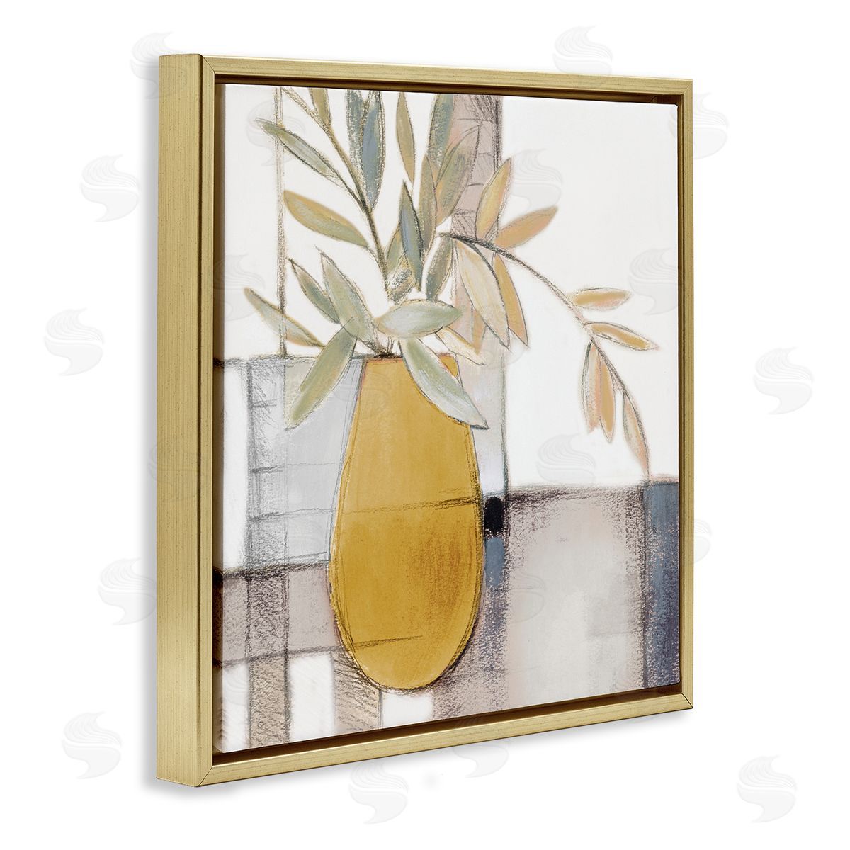 Lanie Loreth Yellow Foliage Vase over Abstract Grid Pattern Gold Floater Frame Canvas Art