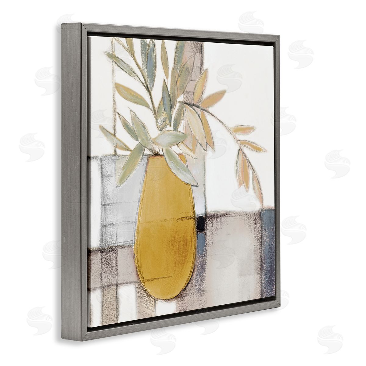 Lanie Loreth Yellow Foliage Vase over Abstract Grid Pattern Gray Floater Frame Canvas Art