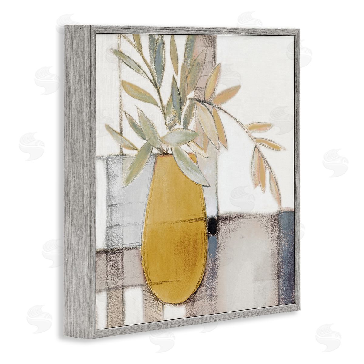 Lanie Loreth Yellow Foliage Vase over Abstract Grid Pattern Gray Framed Giclee Wall Art