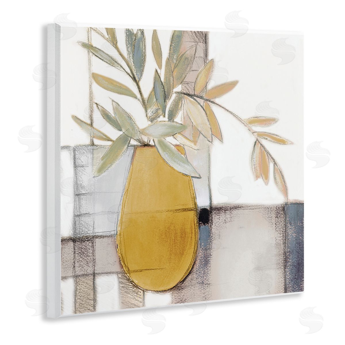 Lanie Loreth Yellow Foliage Vase over Abstract Grid Pattern Wall Plaque Art