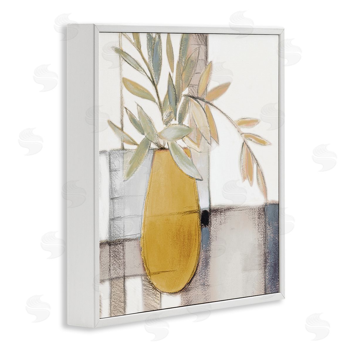 Lanie Loreth Yellow Foliage Vase over Abstract Grid Pattern White Framed Giclee Wall Art