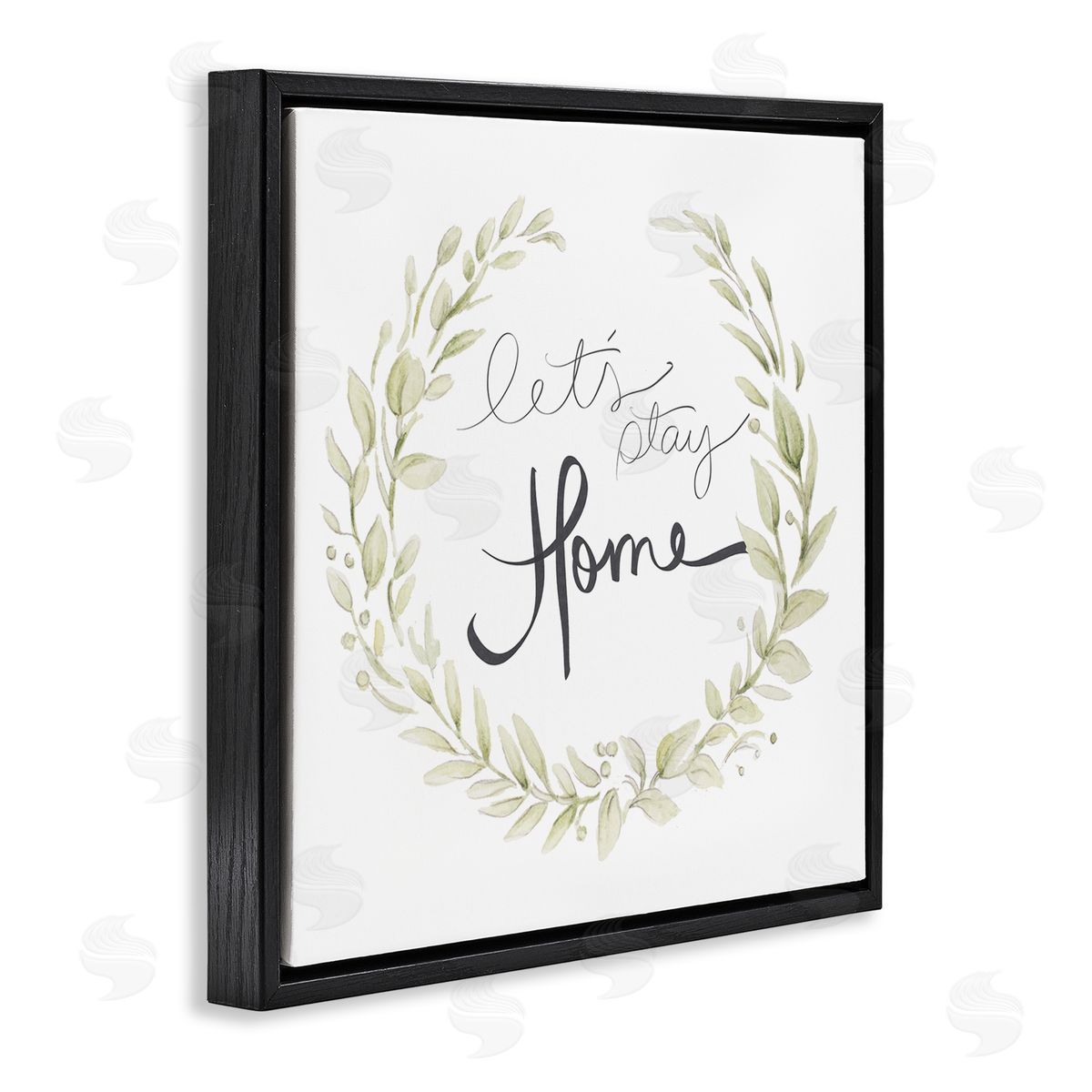 Janice Gaynor Let's Stay Home Phrase Soft Green Foliage Black Floater Frame Canvas Art