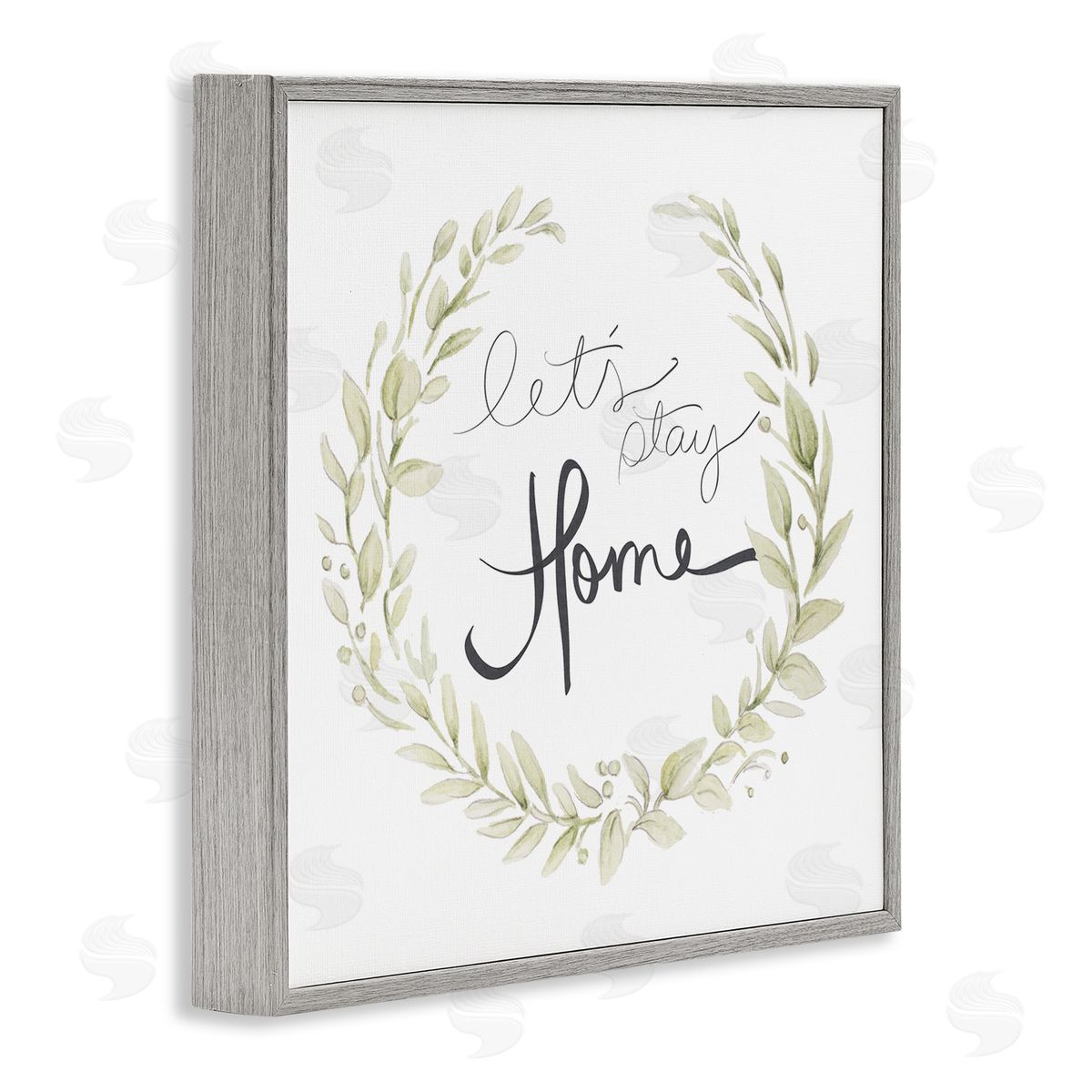 Janice Gaynor Let's Stay Home Phrase Soft Green Foliage Gray Framed Giclee Wall Art