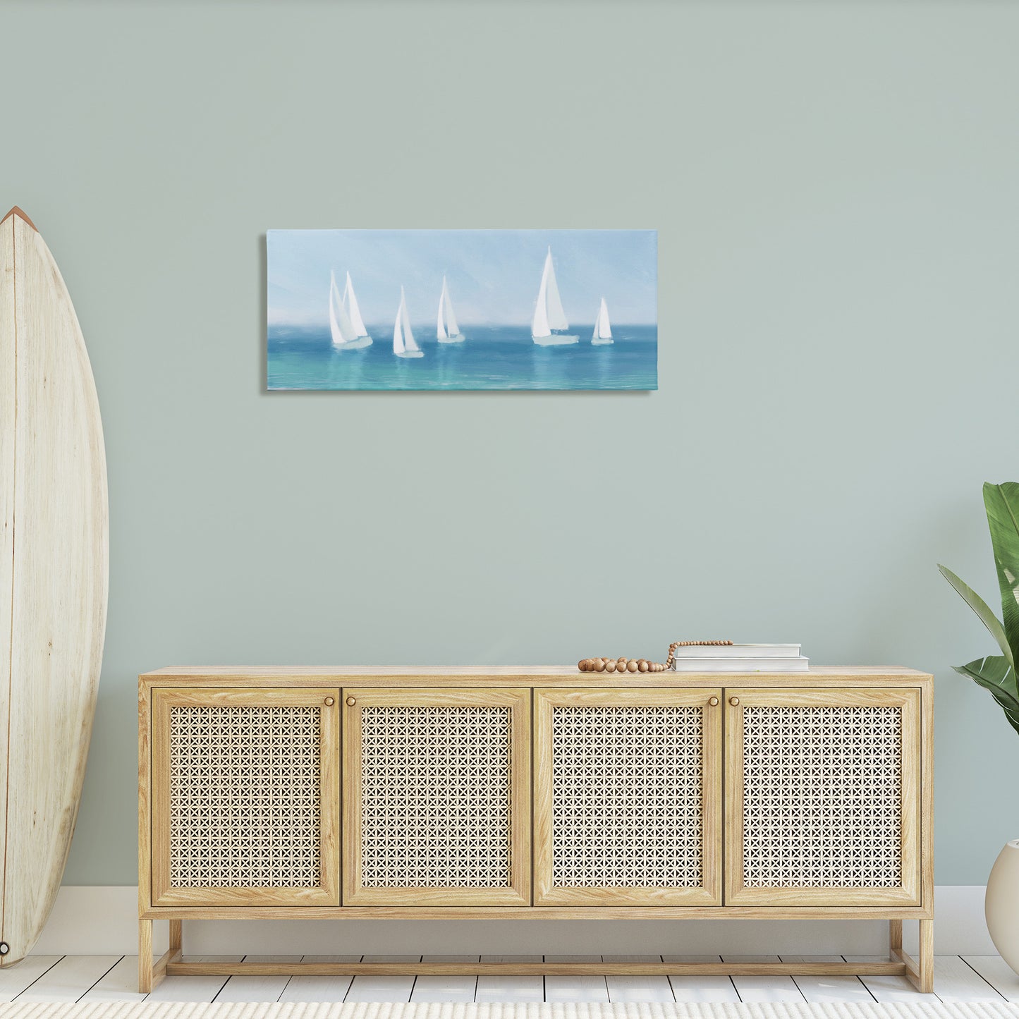 White Sail Boats Across Coast Canvas Wall Art in Room, Home Decor by Dan Meneely