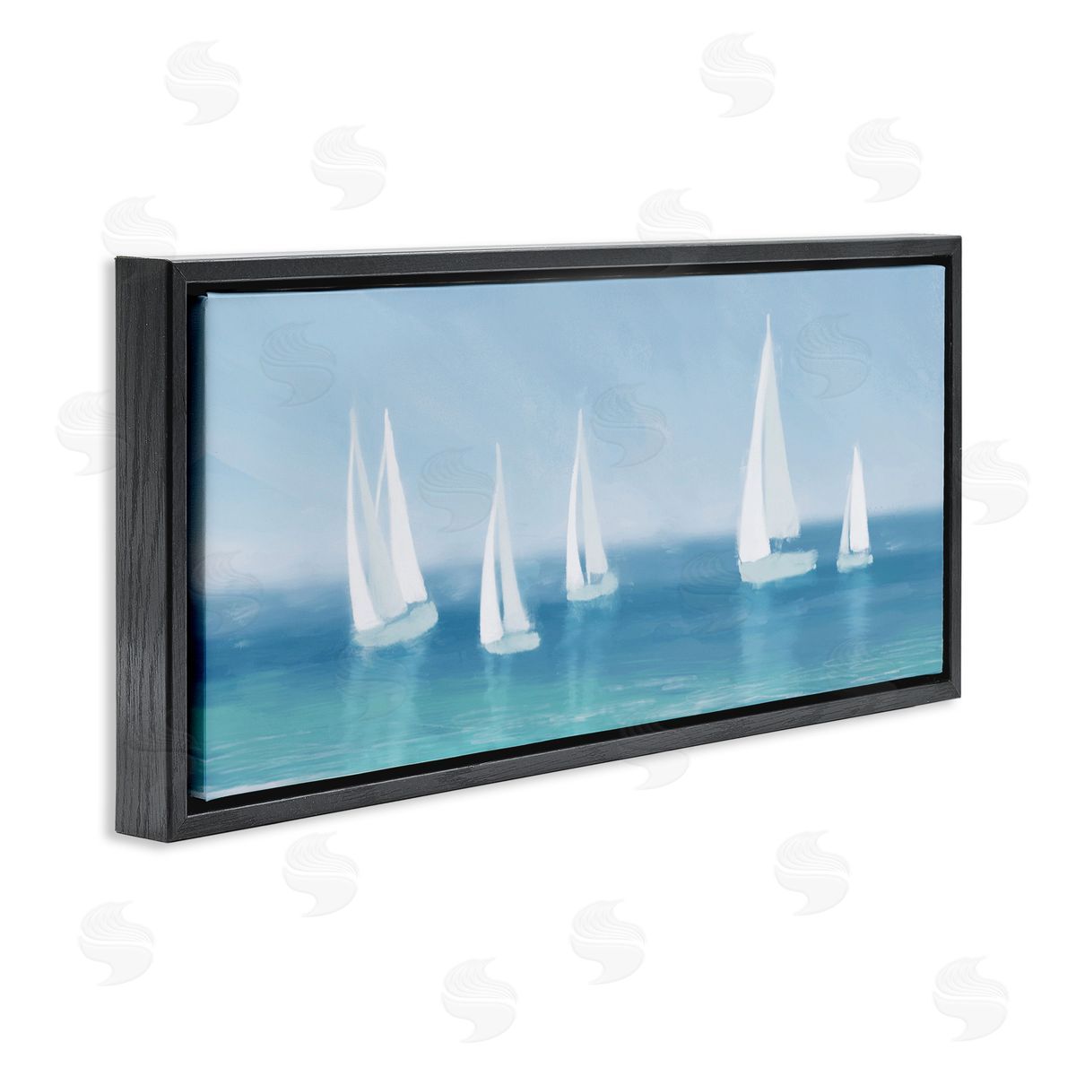 White Sail Boats Across Coast Black Floating Frame Canvas Wall Art, Home Decor by Dan Meneely