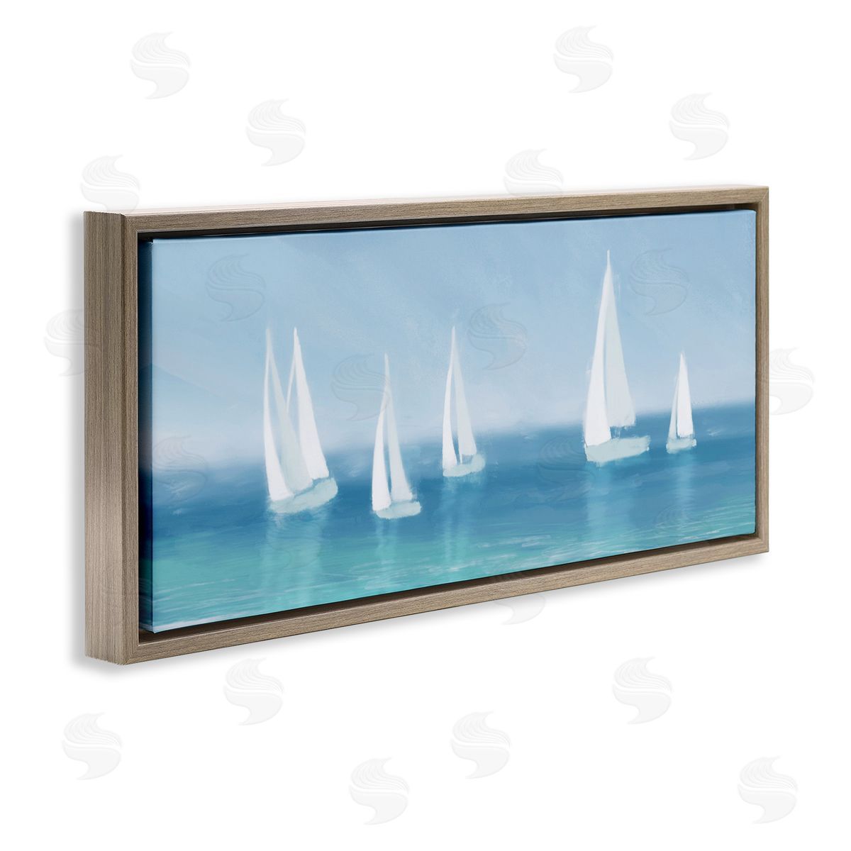 White Sail Boats Across Coast Brown Floating Frame Canvas Wall Art, Home Decor by Dan Meneely