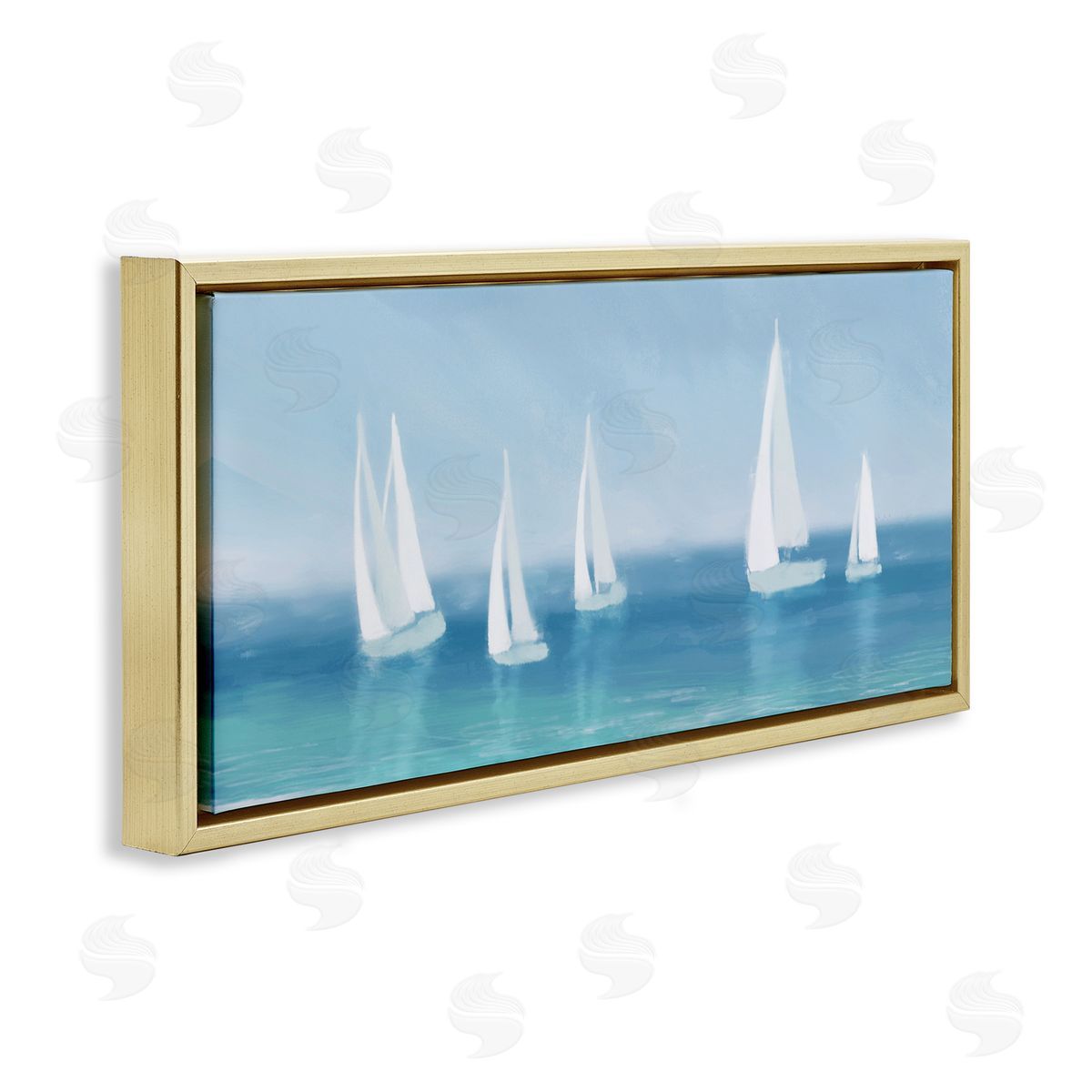 White Sail Boats Across Coast Gold Floating Frame Canvas Wall Art, Home Decor by Dan Meneely