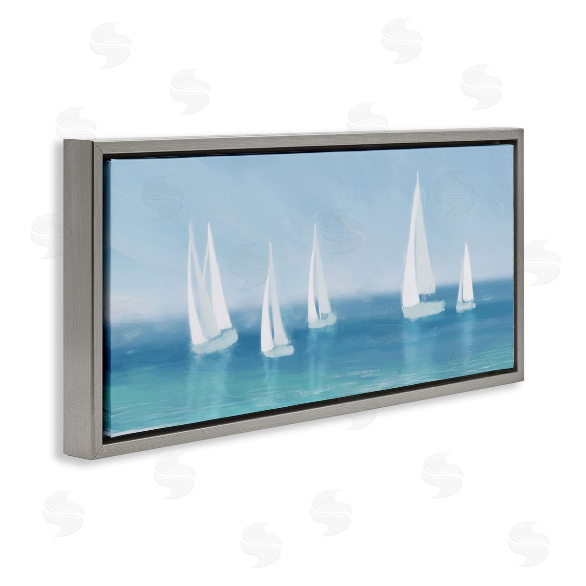 White Sail Boats Across Coast Grey Floating Frame Canvas Wall Art, Home Decor by Dan Meneely