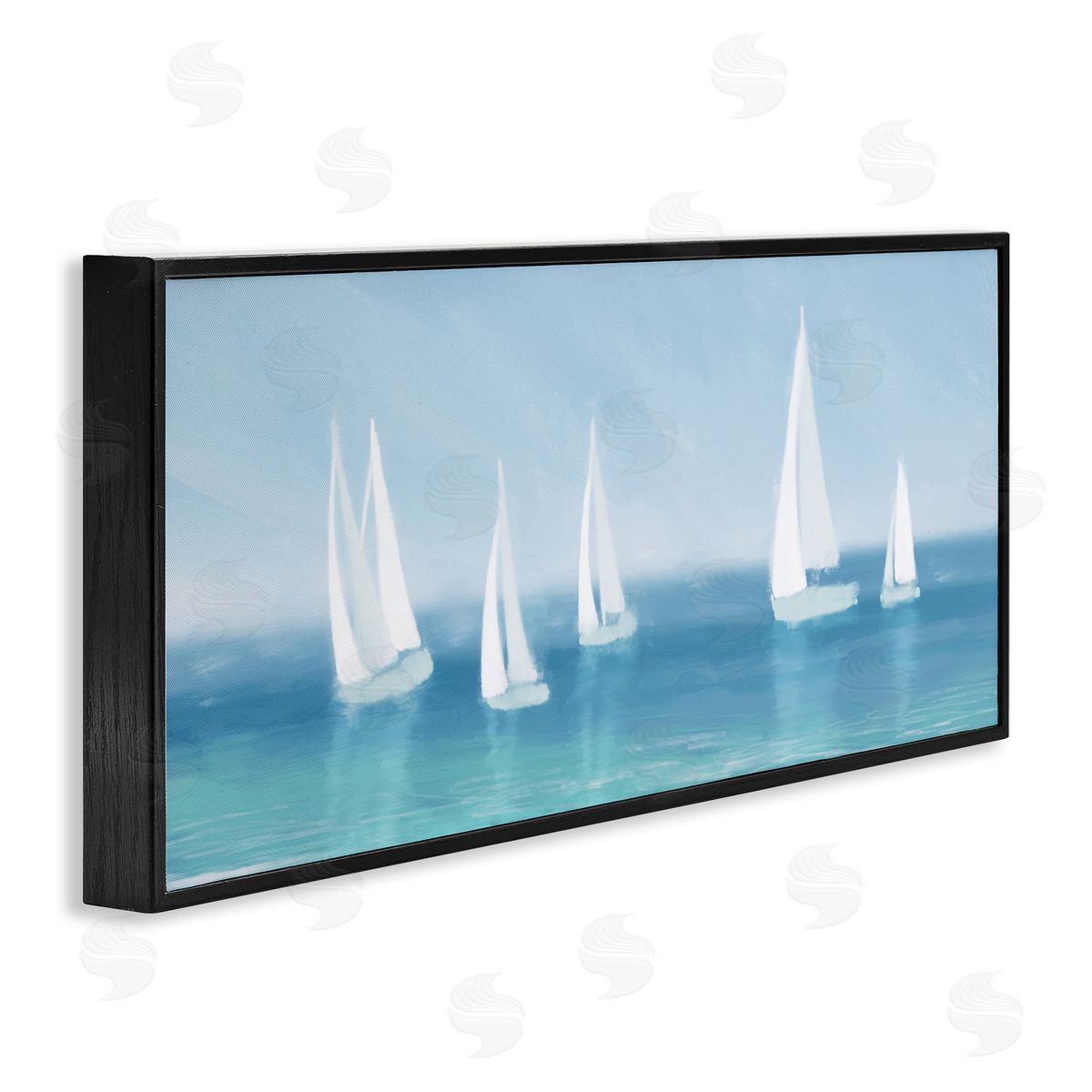 White Sail Boats Across Coast Black Frame Print Wall Art, Home Decor by Dan Meneely