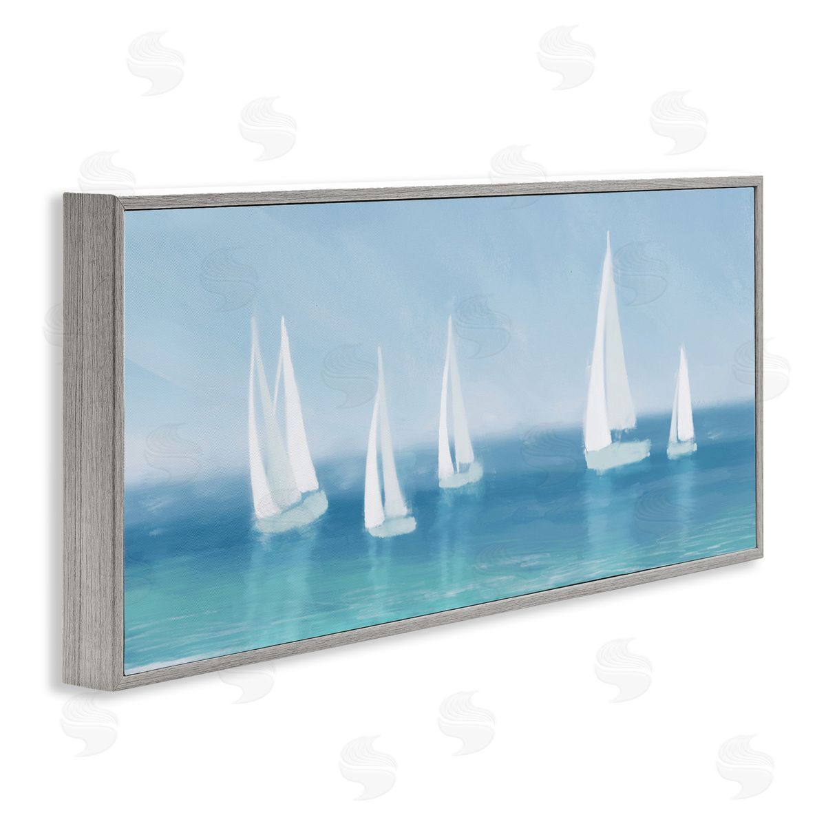White Sail Boats Across Coast Grey Frame Print Wall Art, Home Decor by Dan Meneely