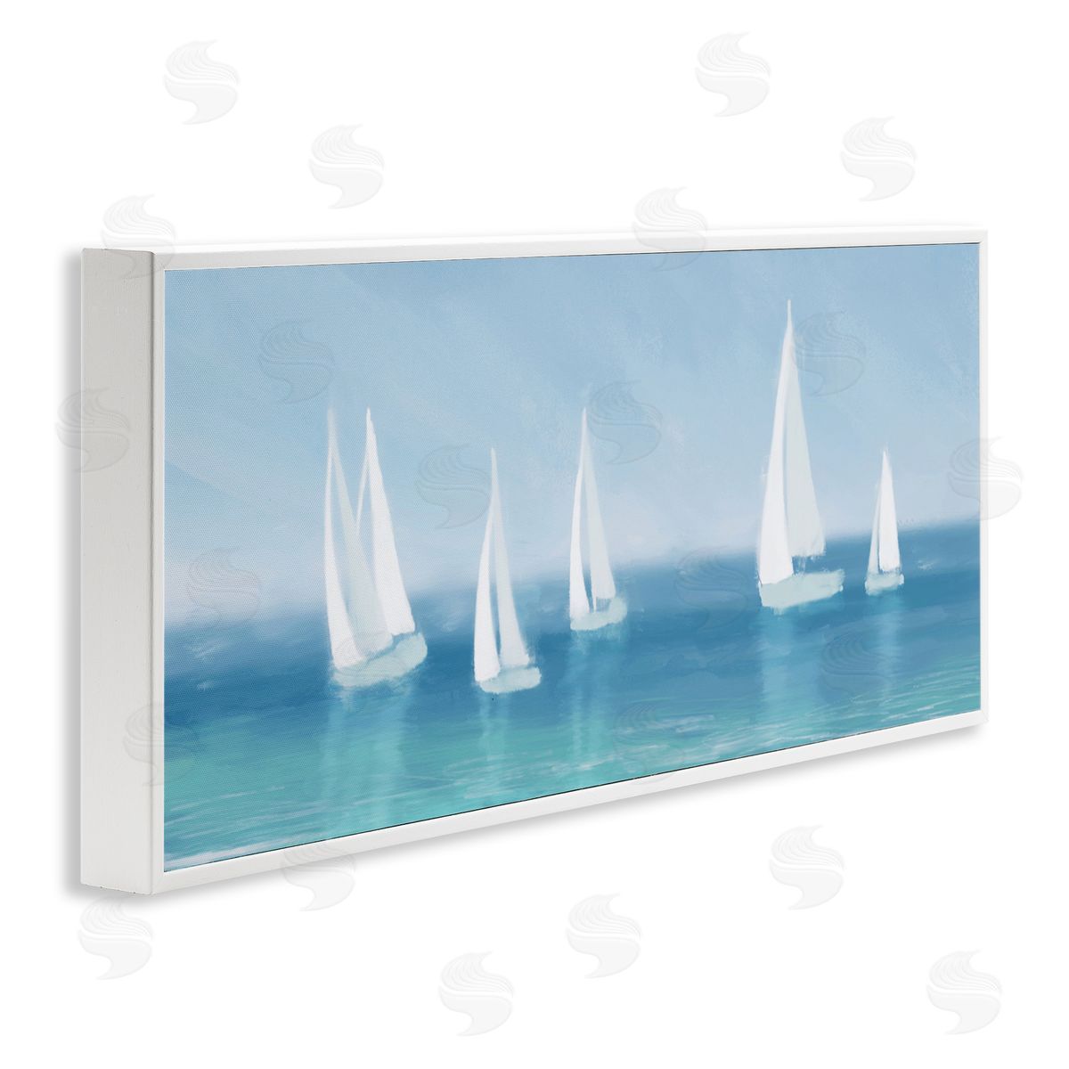 White Sail Boats Across Coast White Frame Print Wall Art, Home Decor by Dan Meneely