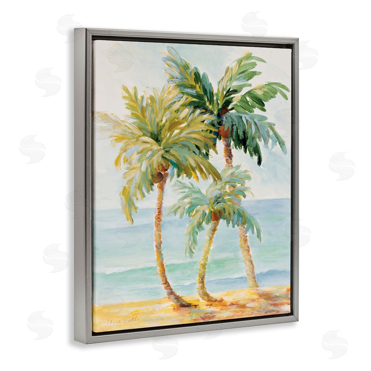 Tropical Palm Trees on Sand Grey Floating Frame Canvas Wall Art, Home Decor by Lanie Loreth