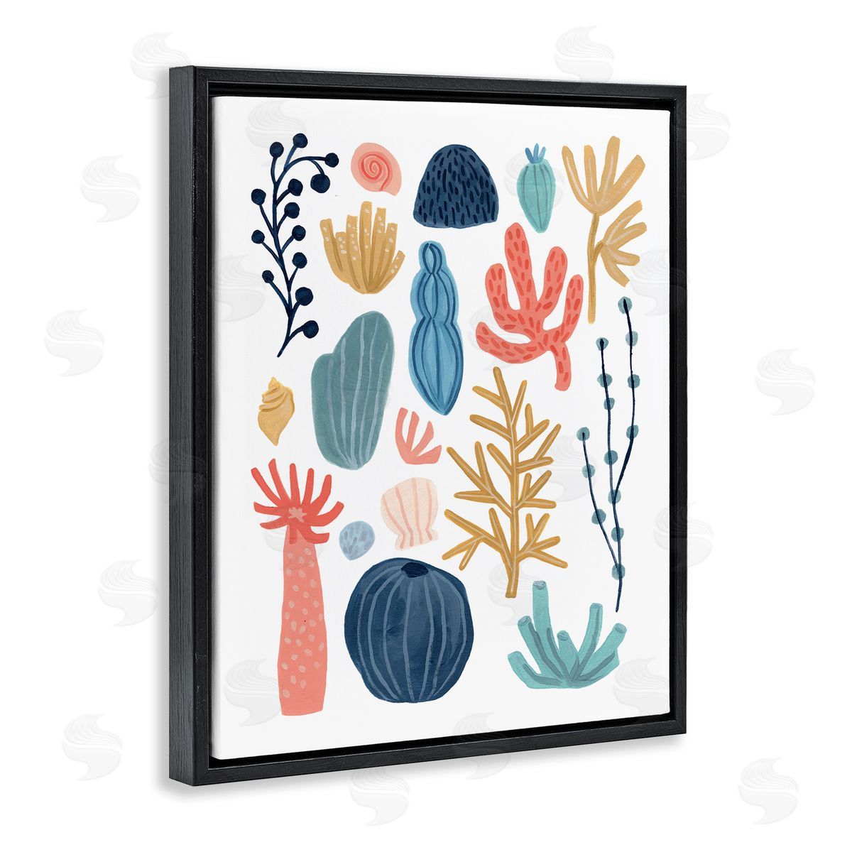 June Erica Vess Playful Sea Life Coral Red Yellow Blue Plants Black Floater Frame Canvas Art