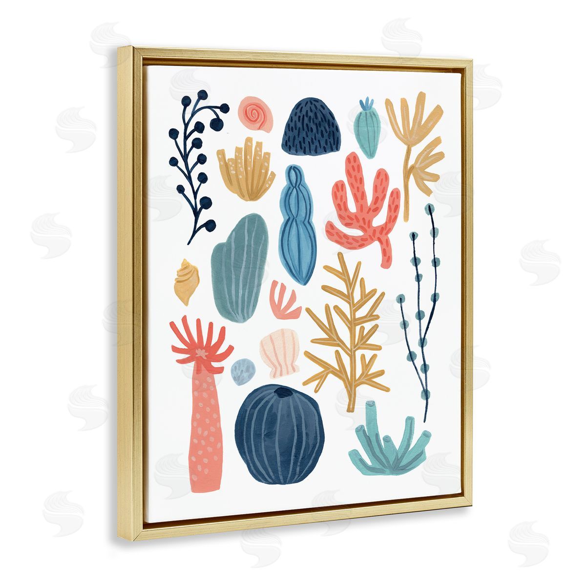 June Erica Vess Playful Sea Life Coral Red Yellow Blue Plants Gold Floater Frame Canvas Art