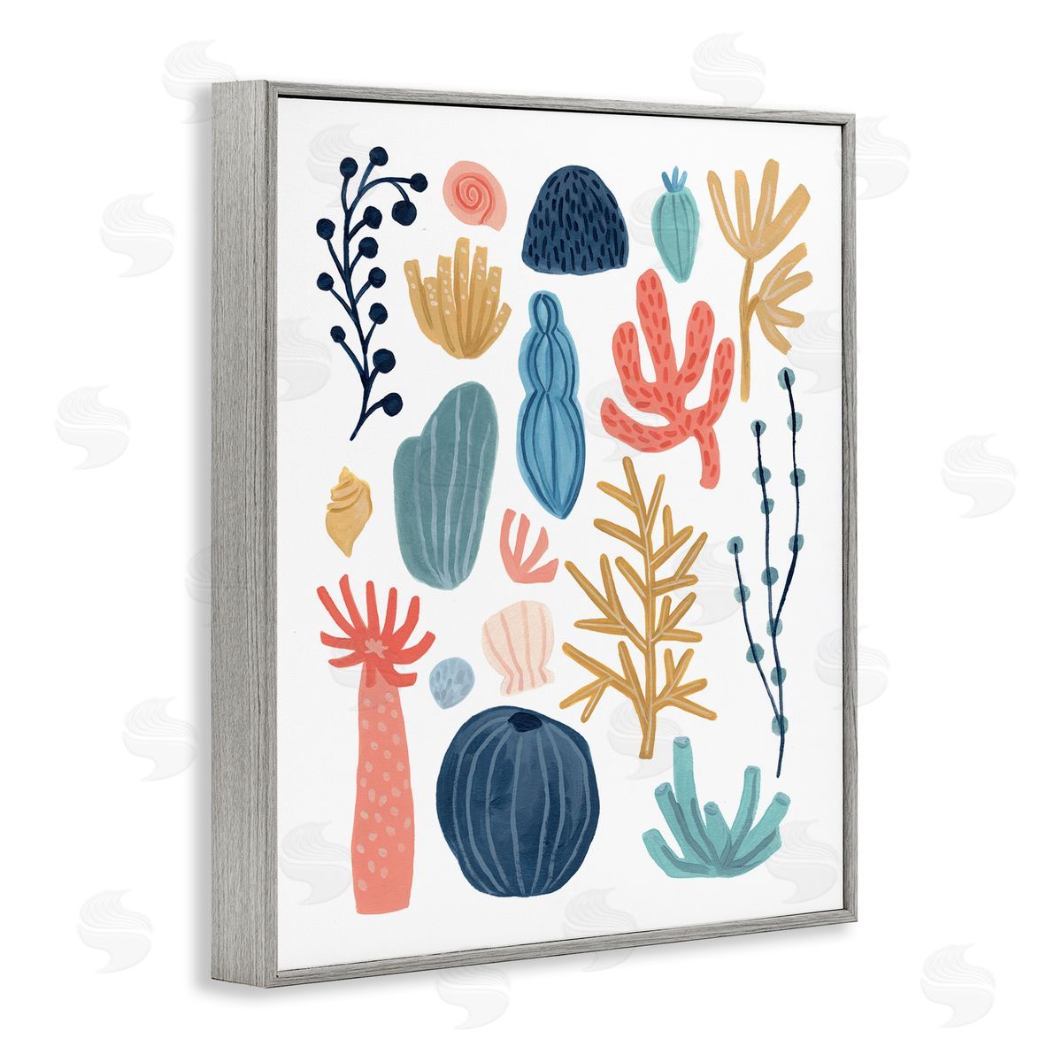 June Erica Vess Playful Sea Life Coral Red Yellow Blue Plants Gray Framed Giclee Wall Art
