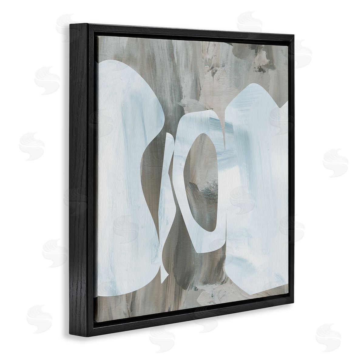 Melissa Wang Layered Abstract Shapes Grey Blue Brushstrokes Black Floating Frame Canvas Wall Art Print