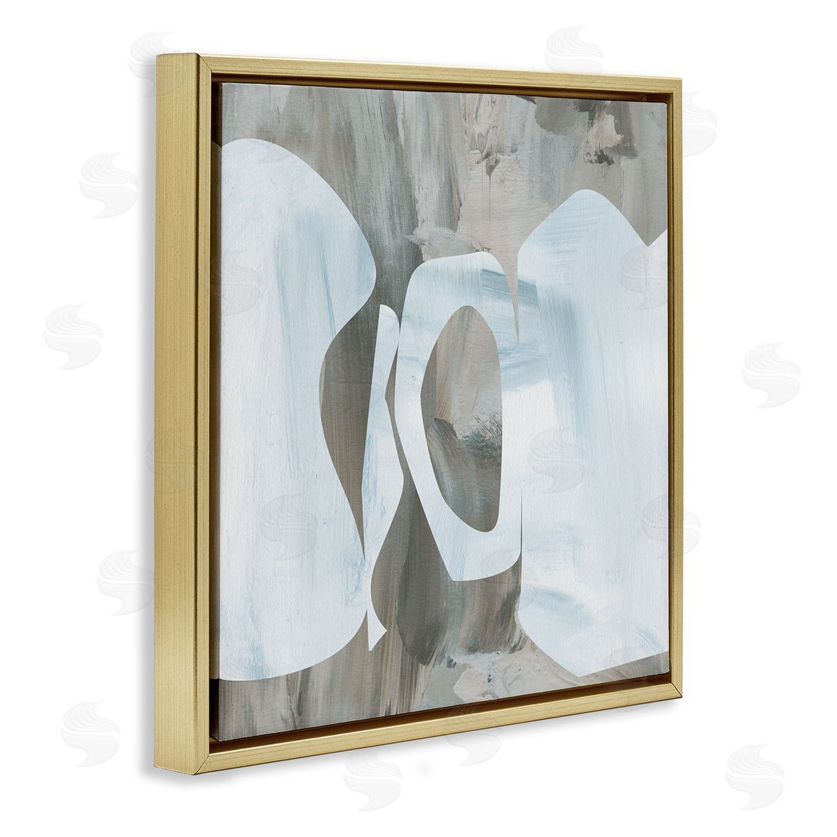 Melissa Wang Layered Abstract Shapes Grey Blue Brushstrokes Gold Floating Frame Canvas Wall Art Print