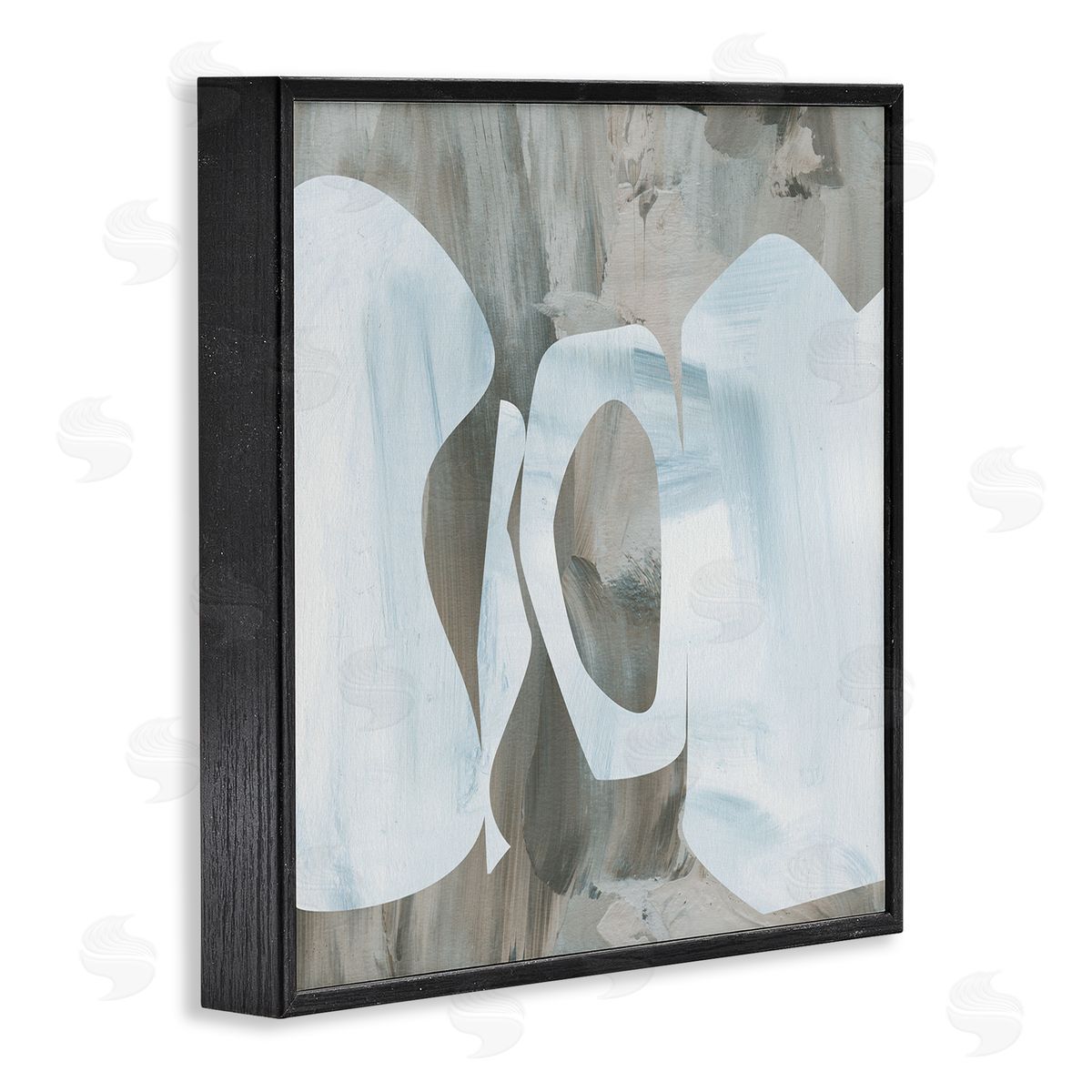 Melissa Wang Layered Abstract Shapes Grey Blue Brushstrokes Black Framed Glicee Wall Art Print
