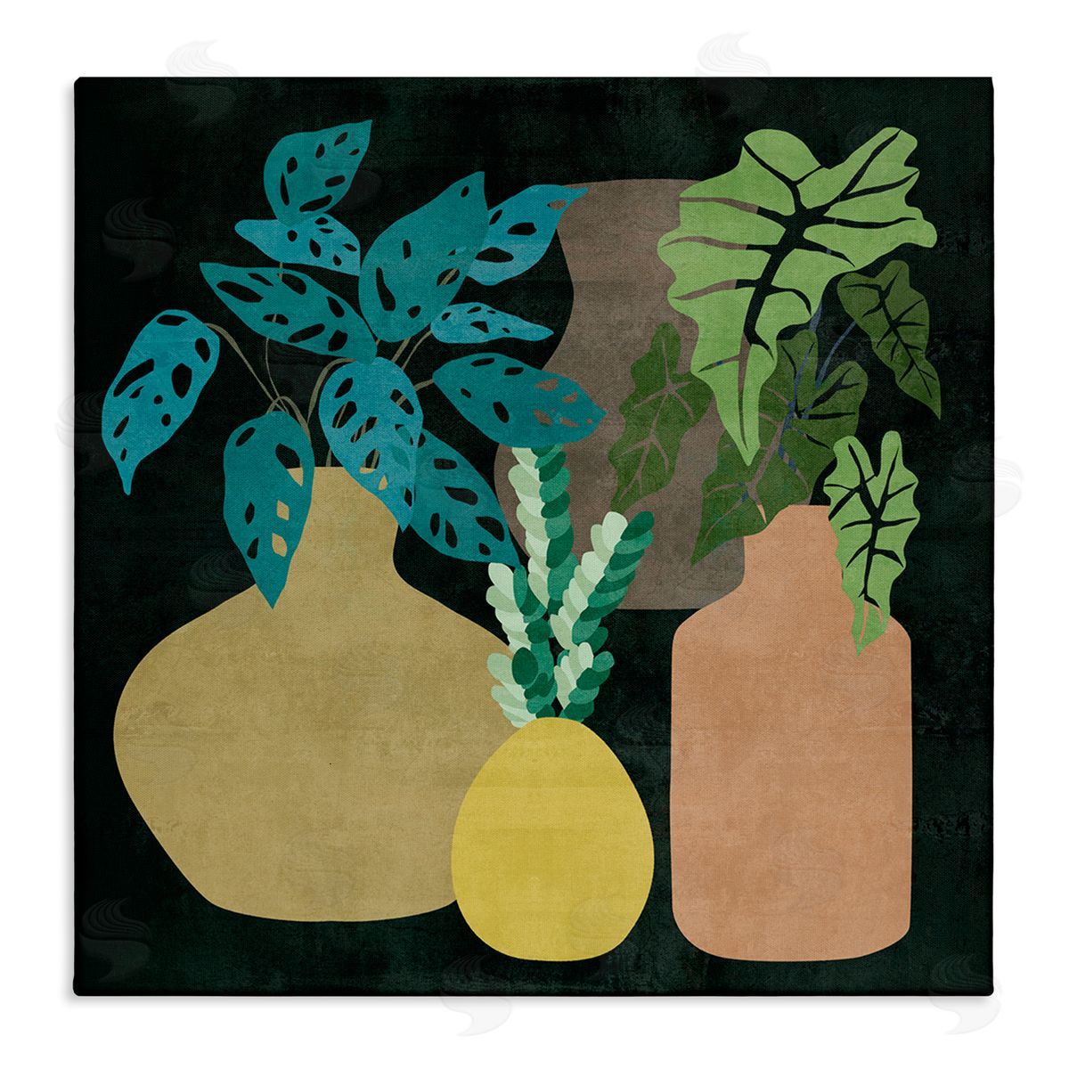 Melissa Wang Decorative Vases with Tropical Palms over Black Stretched Canvas Wall Art Print