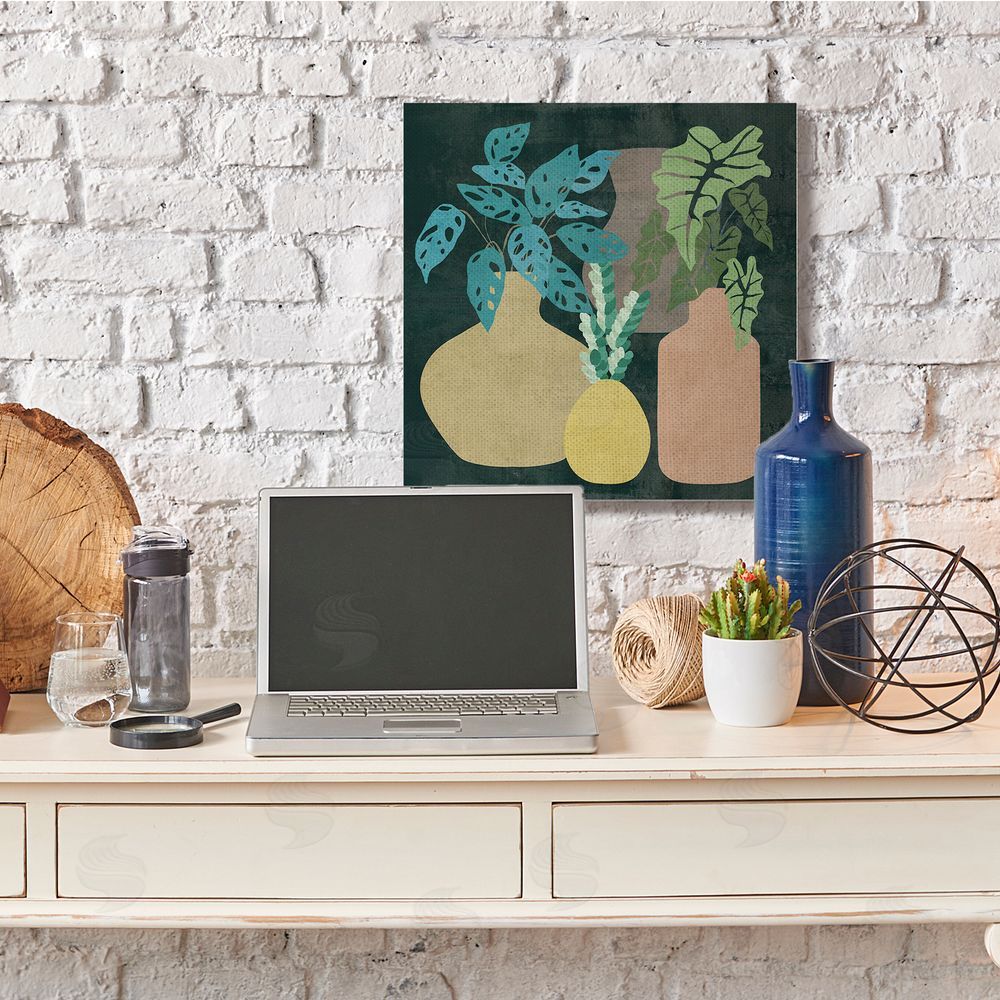 Melissa Wang Decorative Vases with Tropical Palms over Black Canvas Wall Art in Room