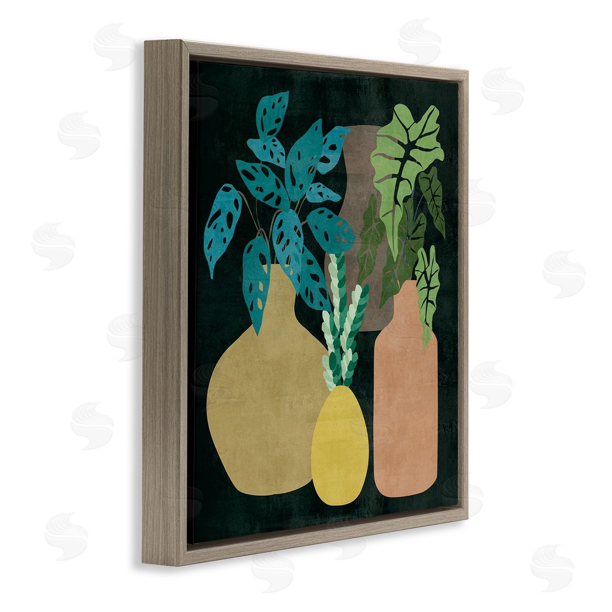 Melissa Wang Decorative Vases with Tropical Palms over Black Brown Floating Frame Canvas Wall Art Print