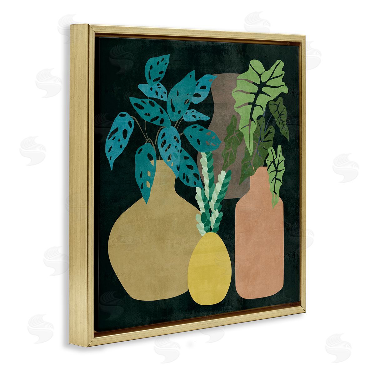 Melissa Wang Decorative Vases with Tropical Palms over Black Gold Floating Frame Canvas Wall Art Print