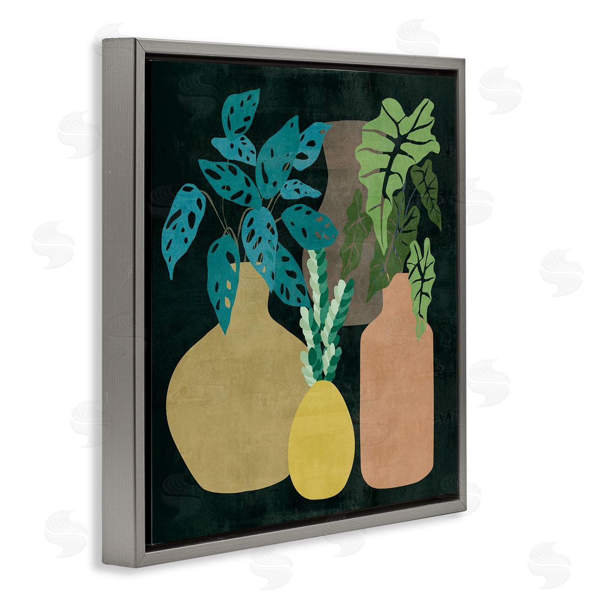Melissa Wang Decorative Vases with Tropical Palms over Black Gray Floating Frame Canvas Wall Art Print