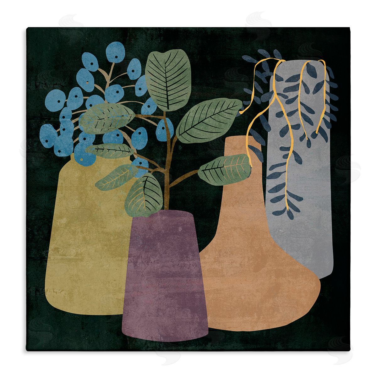 Melissa Wang Eucalyptus Plants in Decorative Vases over Black Stretched Canvas Wall Art Print