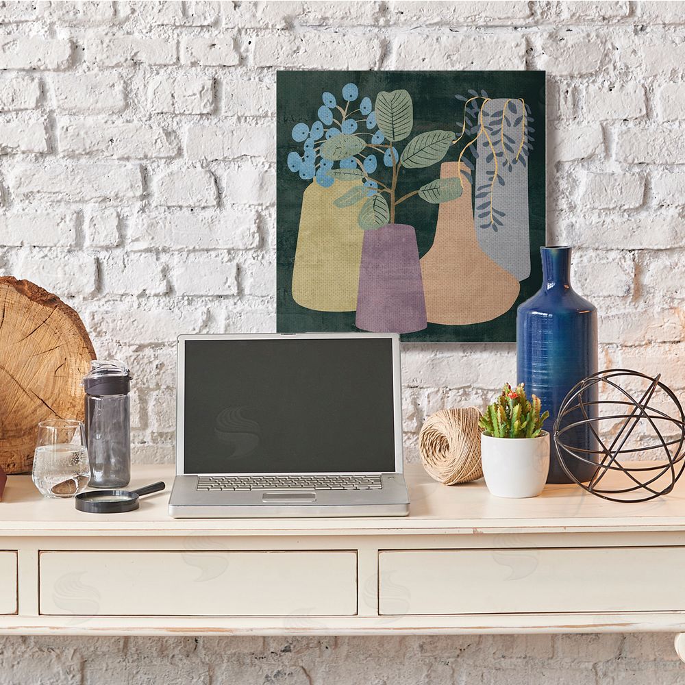 Melissa Wang Eucalyptus Plants in Decorative Vases over Black Canvas Wall Art in Room