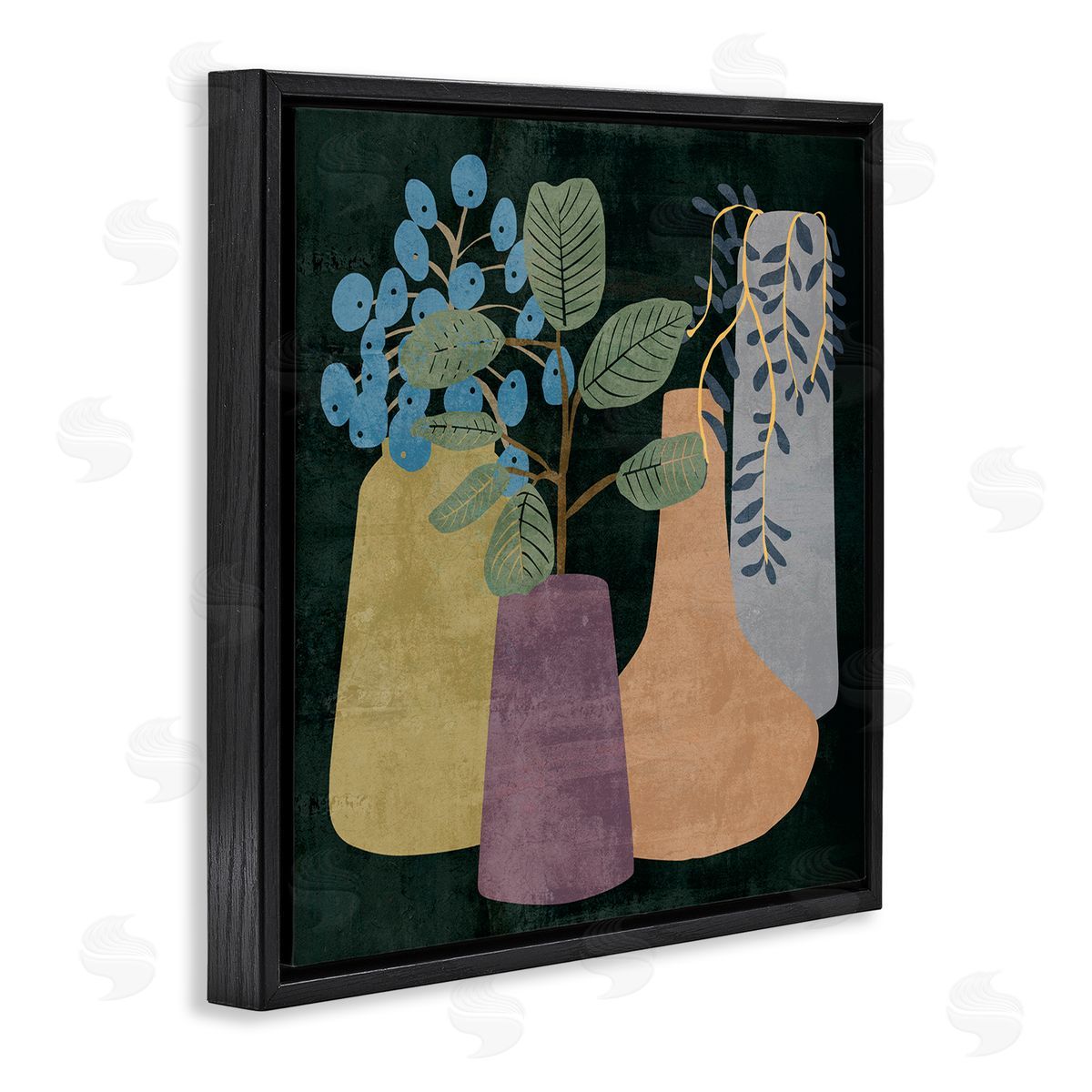 Melissa Wang Eucalyptus Plants in Decorative Vases over Black Black Floating Frame Canvas Wall Art Print
