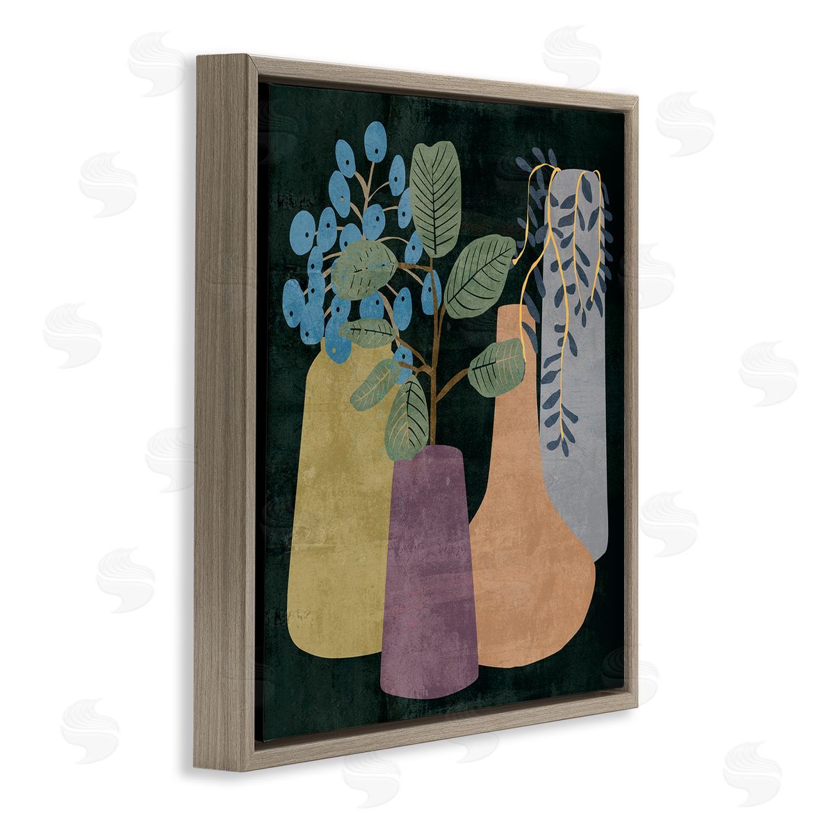 Melissa Wang Eucalyptus Plants in Decorative Vases over Black Brown Floating Frame Canvas Wall Art Print