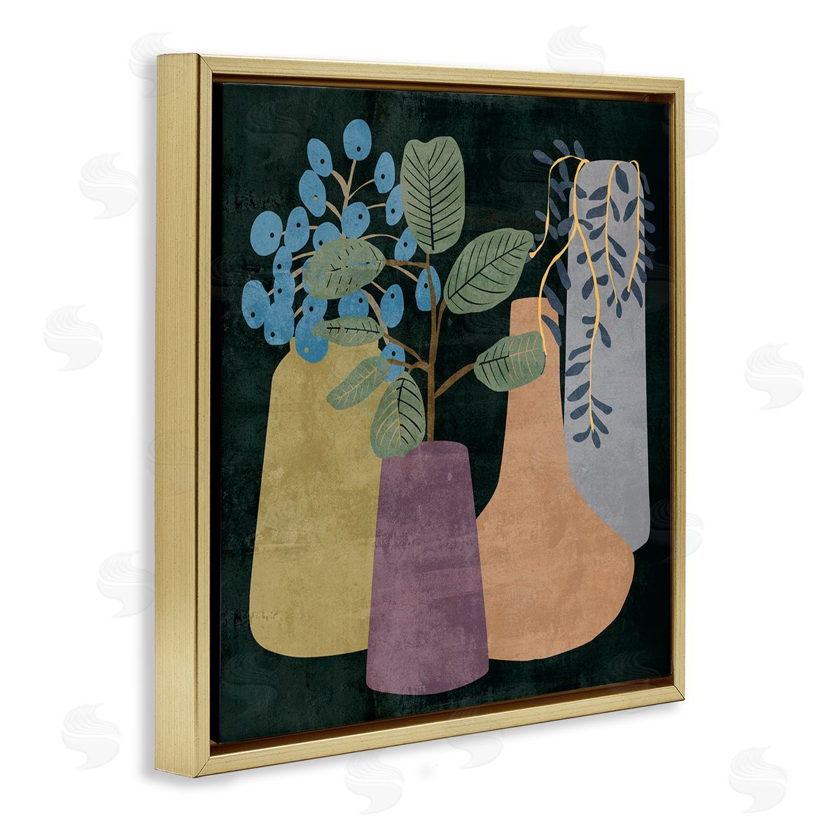 Melissa Wang Eucalyptus Plants in Decorative Vases over Black Gold Floating Frame Canvas Wall Art Print