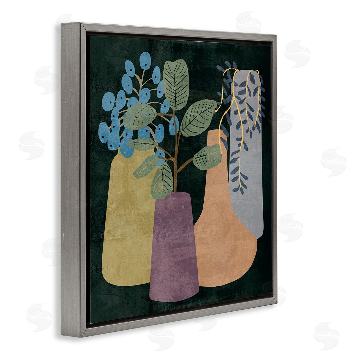 Melissa Wang Eucalyptus Plants in Decorative Vases over Black Gray Floating Frame Canvas Wall Art Print