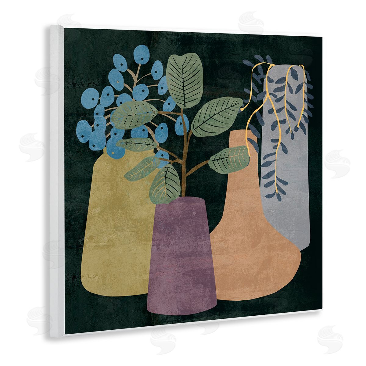 Melissa Wang Eucalyptus Plants in Decorative Vases over Black Wooden Wall Plaque Art Print