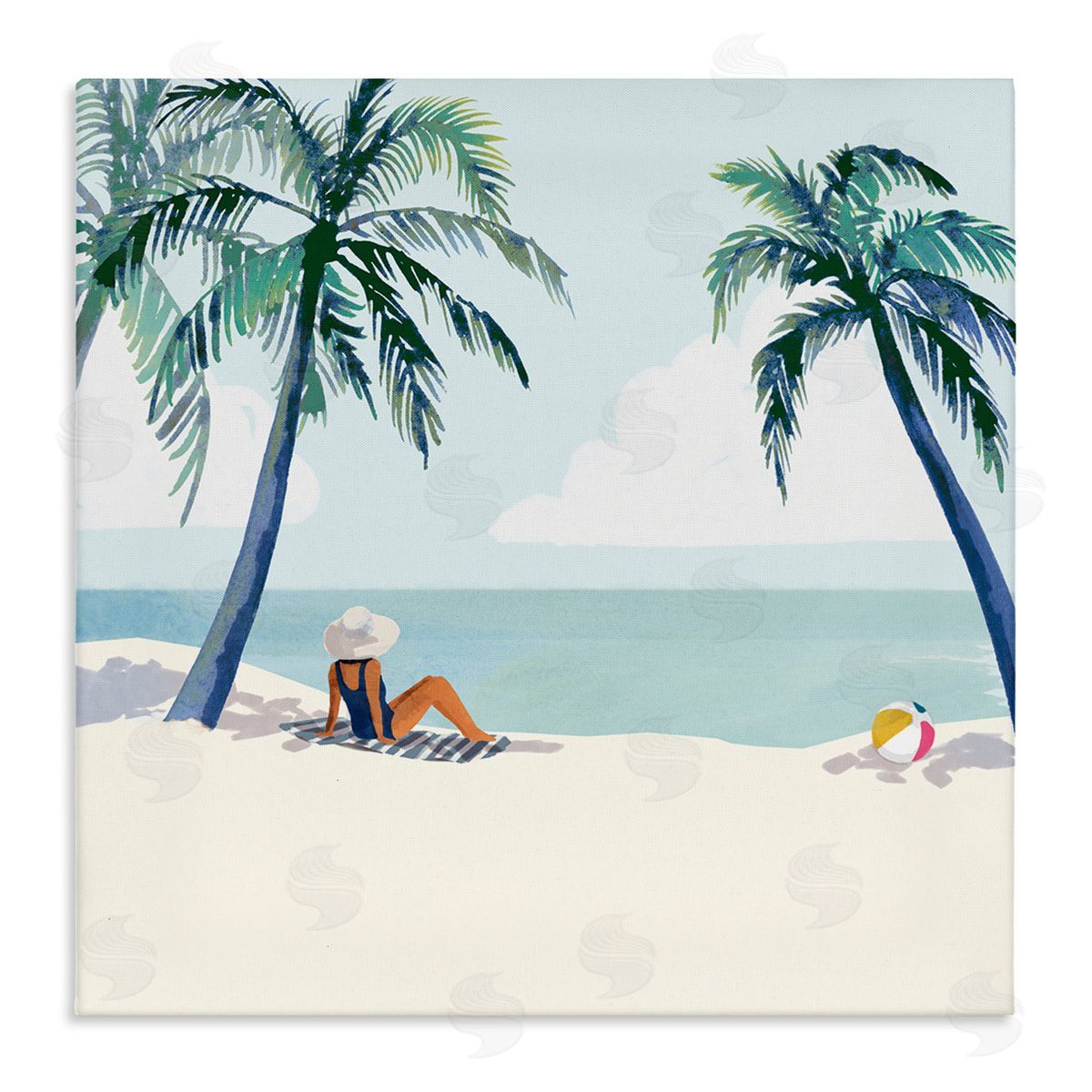 Victoria Barnes Woman Lounging under Palm Tree Coastal Landscape Stretched Canvas Wall Art Print