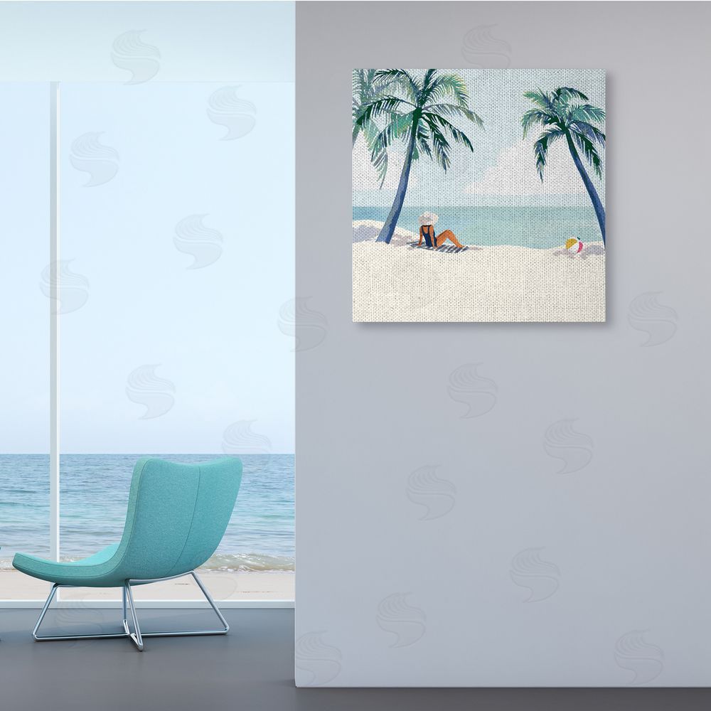 Victoria Barnes Woman Lounging under Palm Tree Coastal Landscape Canvas Wall Art in Room