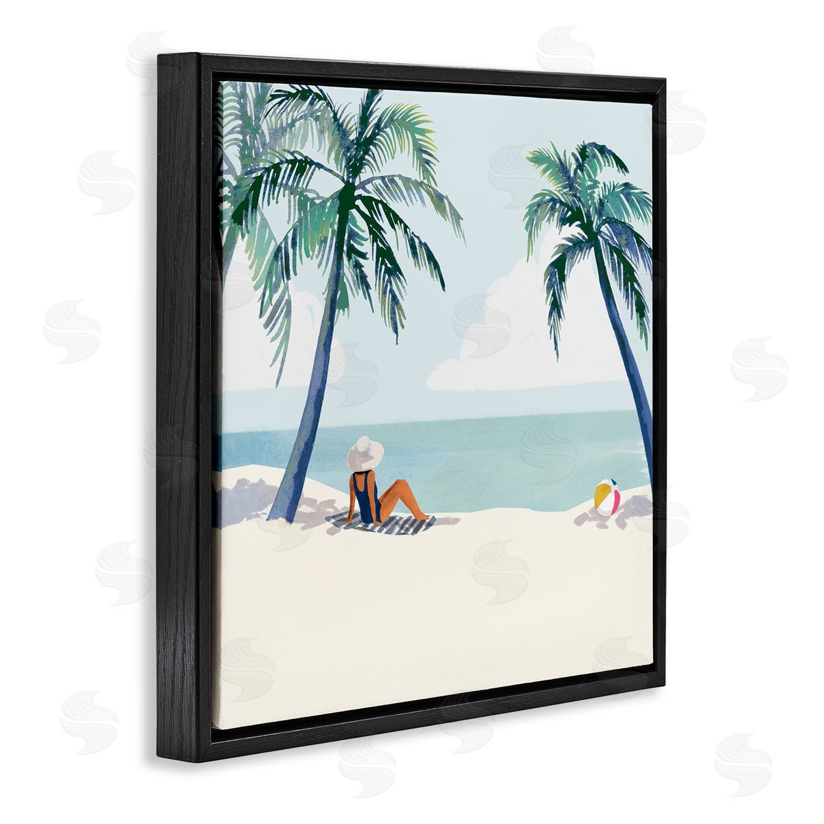 Victoria Barnes Woman Lounging under Palm Tree Coastal Landscape Black Floating Frame Canvas Wall Art Print