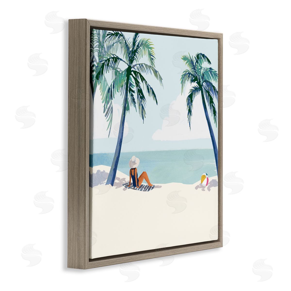 Victoria Barnes Woman Lounging under Palm Tree Coastal Landscape Brown Floating Frame Canvas Wall Art Print