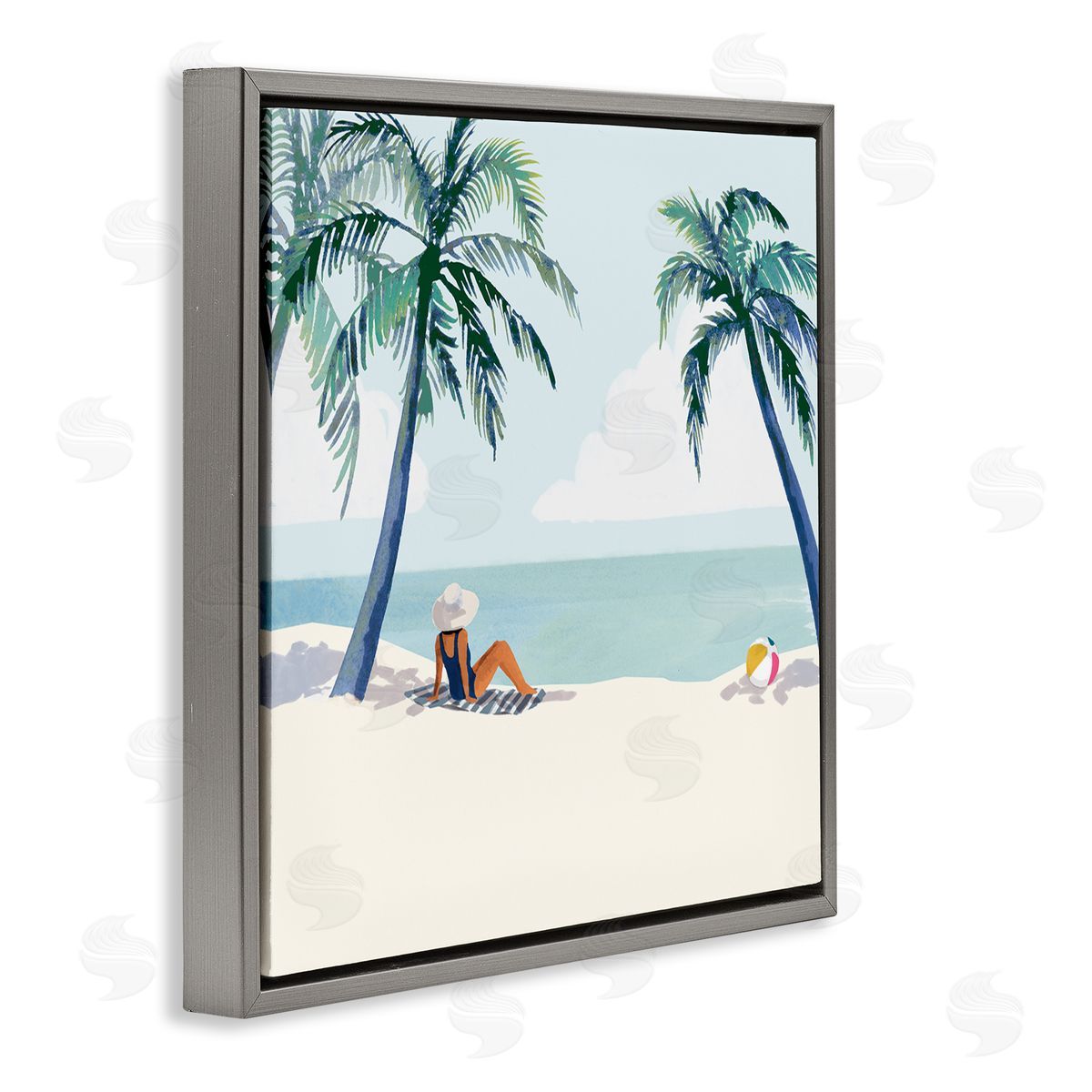 Victoria Barnes Woman Lounging under Palm Tree Coastal Landscape Gray Floating Frame Canvas Wall Art Print
