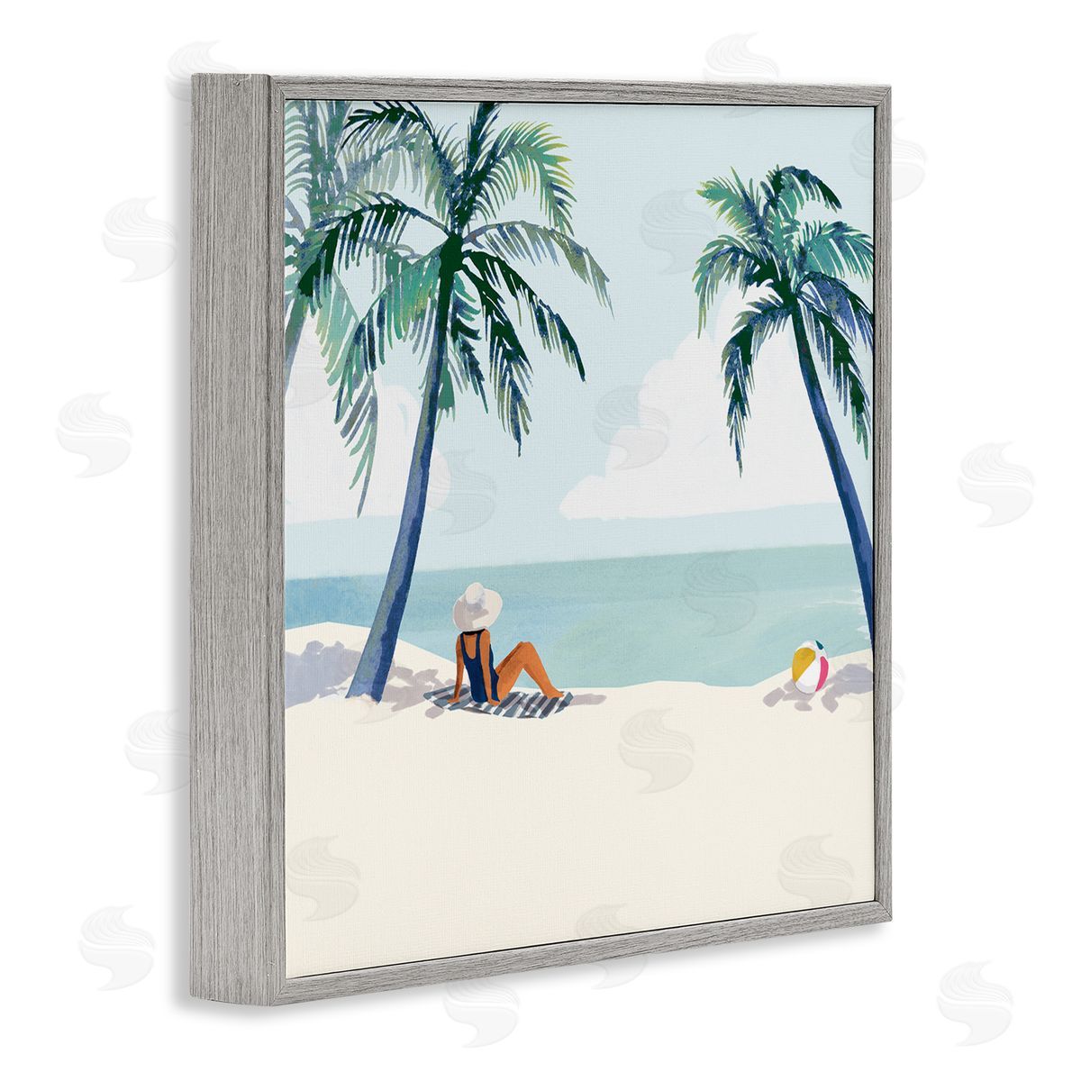 Victoria Barnes Woman Lounging under Palm Tree Coastal Landscape Gray Framed Glicee Wall Art Print