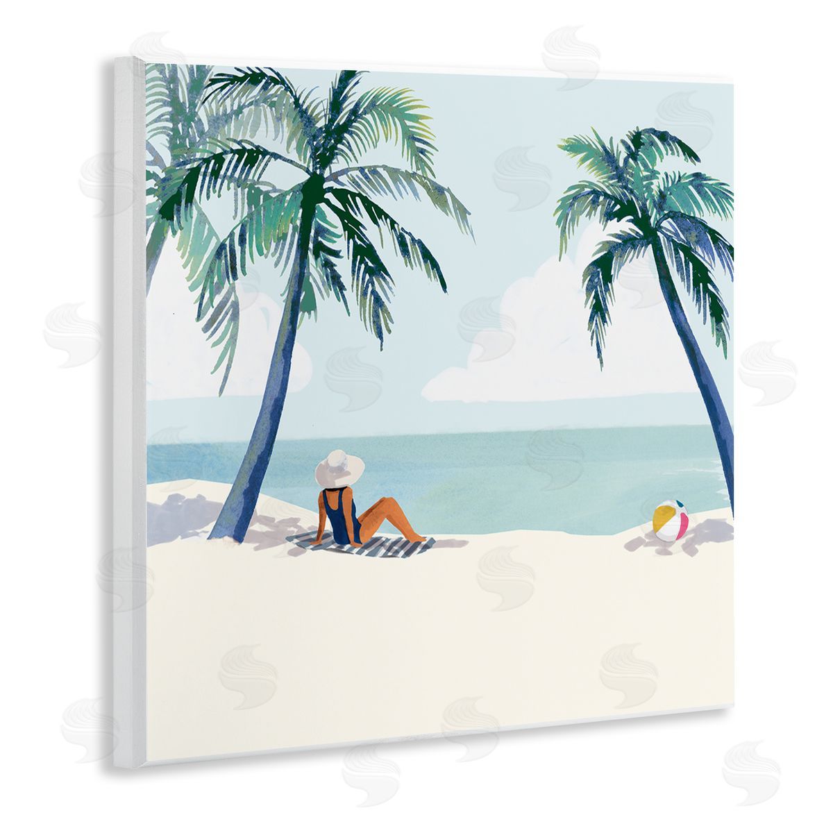 Victoria Barnes Woman Lounging under Palm Tree Coastal Landscape Wooden Wall Plaque Art Print