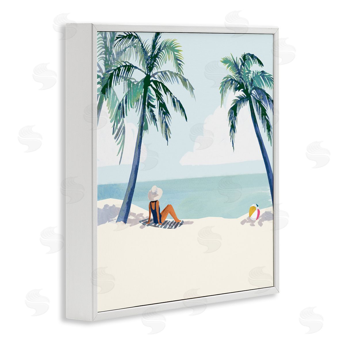 Victoria Barnes Woman Lounging under Palm Tree Coastal Landscape White Framed Glicee Wall Art Print